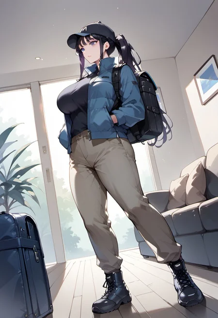 score_9, score_8_up, score_7_up, score_6_up, 1girl, source_anime,
1girl, Hina,
haircut bangs, large breasts, cap on head, parka jacket, khaki pants, backpack, hiking boots
Indoors, living room,
Dutch angle,