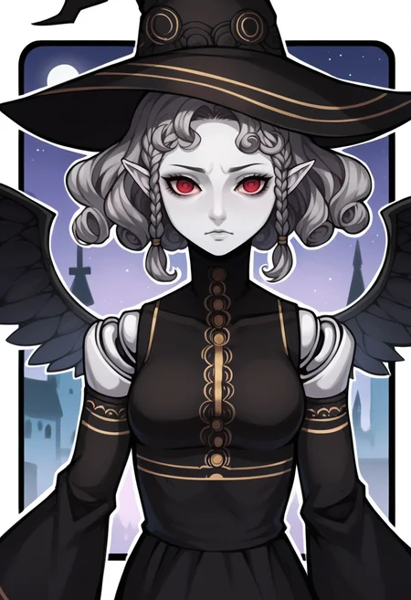score_9, score_8_up, score_7_up, source_anime BREAK 1girl, solo,  <lora:zs_AgratXL:1> agratsmtvv, curly hair, grey hair, twin braids, colored skin, grey skin, red eyes, pointy ears, witch hat, black dress, detached sleeves, black wings, doll joints, gothic castle, dark, night