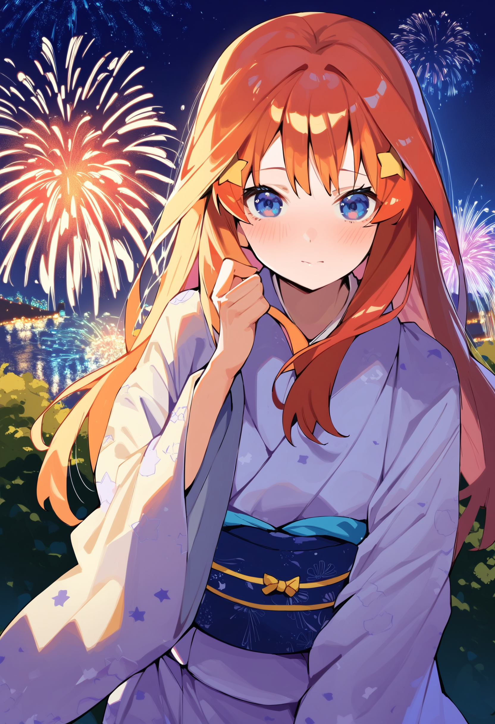 score_9, score_8_up, score_7_up, score_6_up, source anime,
ikustipnxl, nakano itsuki, 1girl, star hair ornament, blue eyes, print kimono, obi ,
long sleeves, looking at viewer, blush,
outdoors, night, fireworks,
masterpiece, best quality, very aesthetic, absurdres
<lora:quintessential_quintuplets:1>