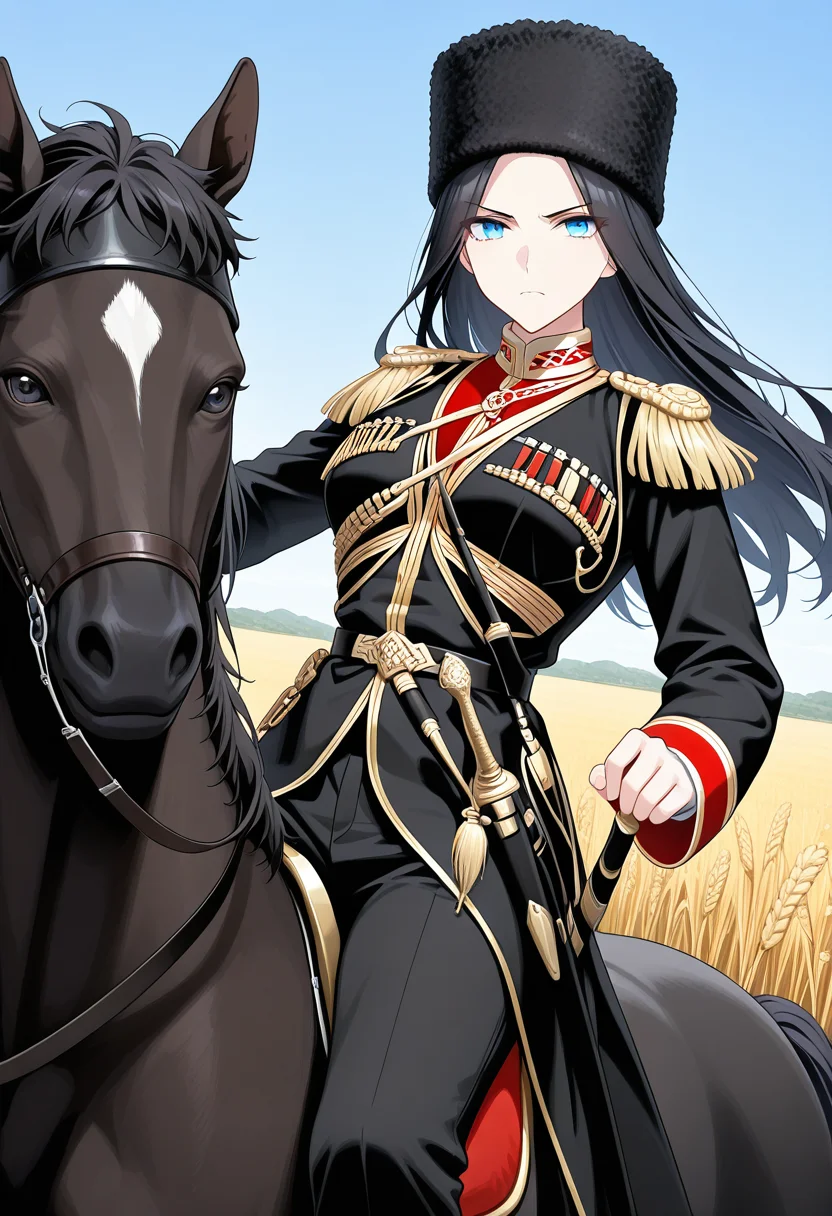 masterpiece, best quality, k4z4k, 1girl, solo, black hair, long hair, blue eyes, black fur hat, black coat, red shirt, black pants, sheath, sword, military uniform, cowboy shot, medium breasts, field, blue sky, epaulettes, dagger, dynamic pose, wheat, horse, riding, looking at viewer, serious face,
