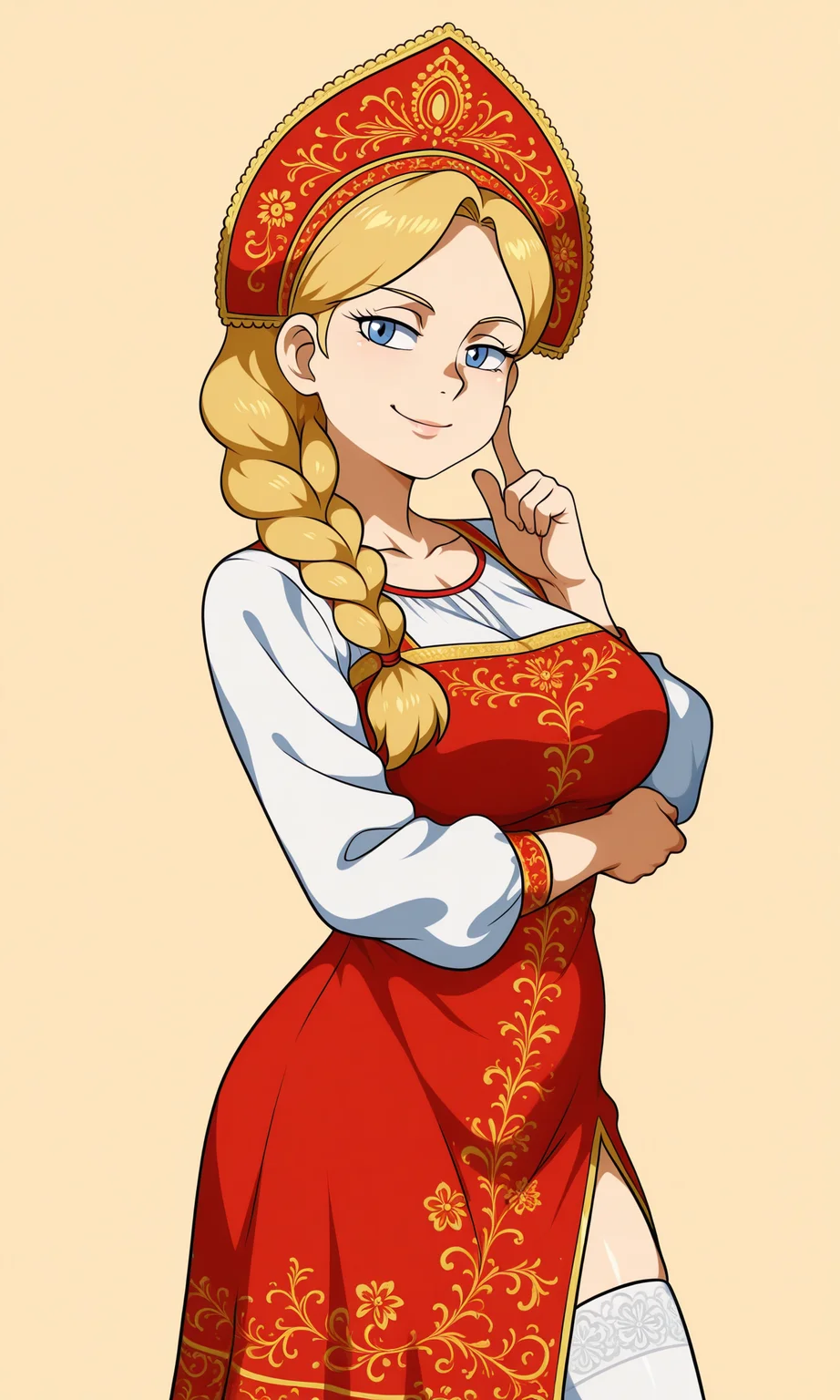 Jcm2, mature woman, blond, blue eyes, single braid, White shirt, sarafan, kokoshnik_headdress, rusdress, smile, simple background, looking at viewer, large breasts, white thighhighs, index finger on cheek, posing, crossed arm,