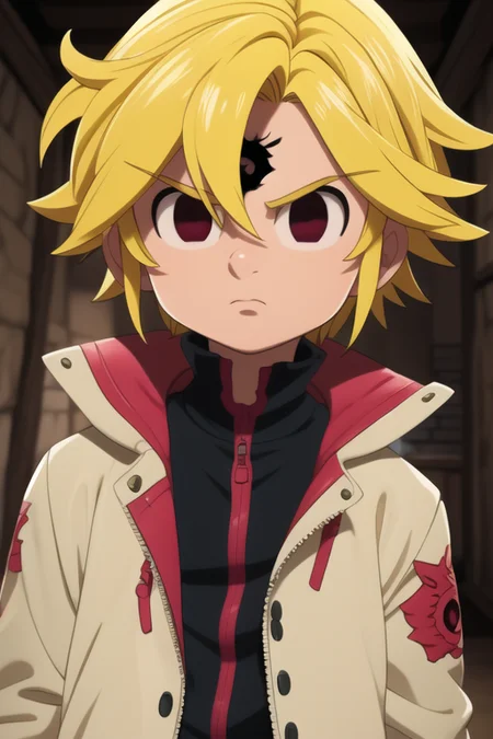 masterpiece, best quality, ultra-detailed, illustration, 1boy, solo, male focus, looking at viewer, upper body, , <lora:meliodas_nanatsu_no_taizai:0.70>, meliodas_nanatsu_no_taizai_demon, blonde hair, black eyes, empty eyes, jacket