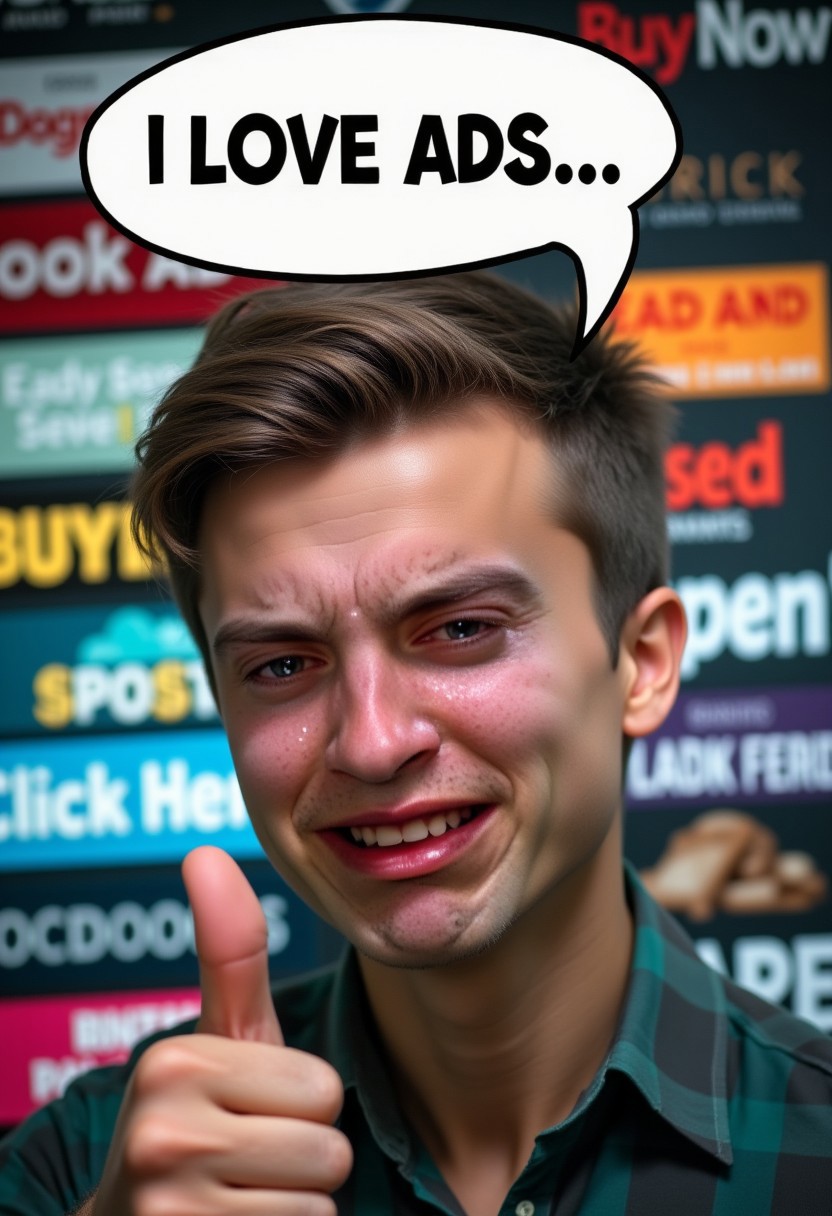 Photo of a young man with a forced, exaggerated smile, tears streaming down his face, while giving a thumbs-up. His expression is a mix of sarcasm and pain, with one eye twitching slightly. Above his head a speech bubble says 'I love ads!' The background is filled with intrusive, colorful pop-up ads with text like 'Buy Now!' and 'Click Here!' in bold fonts, creating a cluttered and overwhelming atmosphere. The man's clothes are slightly disheveled, and his eyes have dark circles, suggesting he's been overwhelmed by ads for a long time,low taper fade