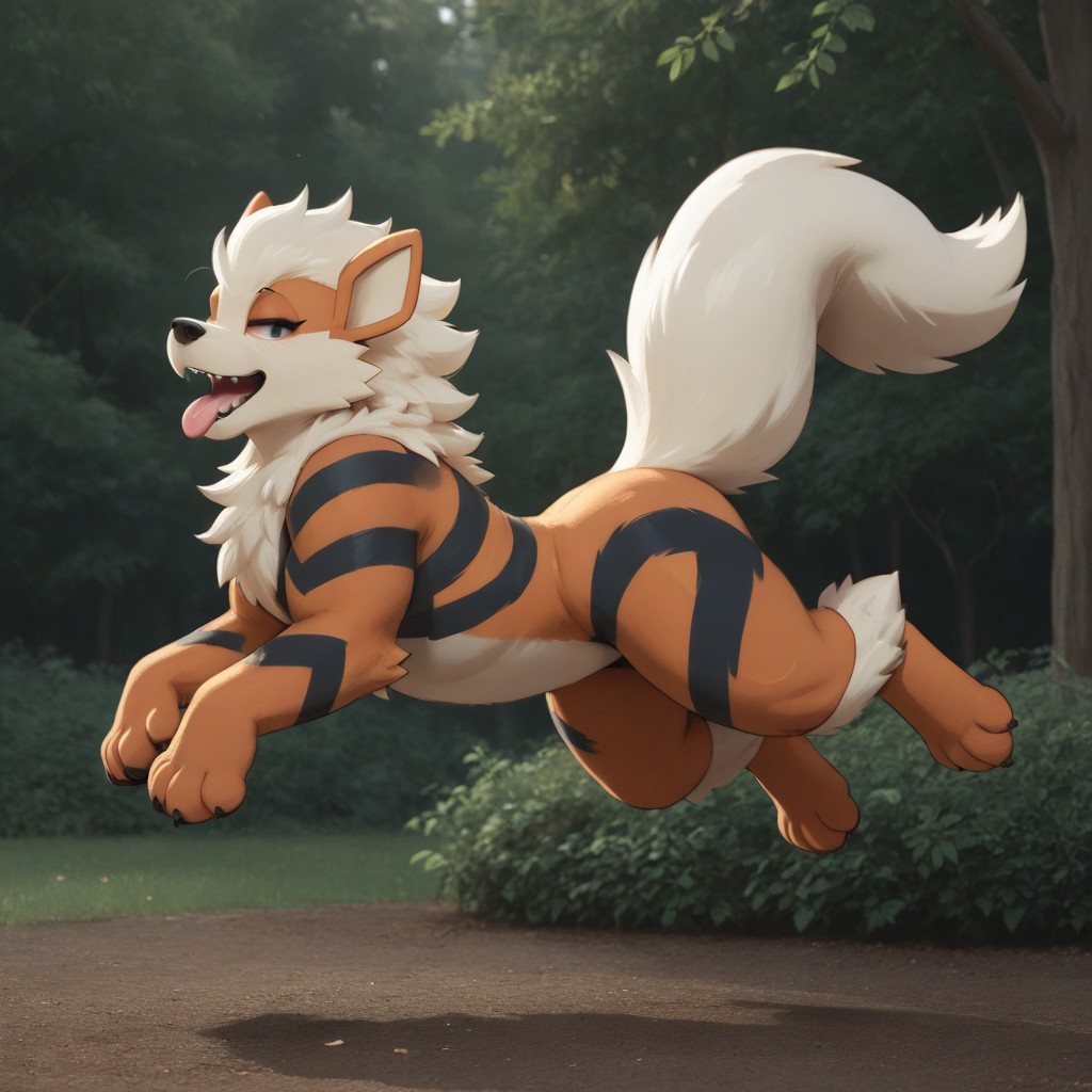 anatomically correct, (((score_9, score_8_up, score_7_up))), complex shadows, intricate details, high quality, hi res, best quality, BREAK Arcanine, green eyes, furry, fur,
BREAK Arcanine, (((Arcanine, jumping, back flip, in air, open mouth, tongue out))) having fun, dynamic pose, Arcanine facing viewer, view from the front, 
BREAK outside, park, trees, bushes,
