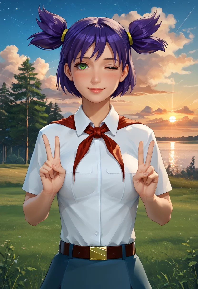 8k, 4k, 3d, realistic, realism,
score_9, score_8_up, score_7_up,
best quality, masterpiece, ultra detailed,
162 cm height, 18 years old,
<lora:Expressive_H:1>, light smile, (blush:1.3), closed mouth, lips, nose, mature,
bokeh, blur, blurry background,
looking at viewer, portrait, dynamic pose, upperbody, hand peace sign, wink,
<lora:Everlasting_Summer_Lena_by_GraffMetal_V1.2:1>, lena, purple hair, green eyes, short hair, short twintails, twintails, two side up, bangs, solo, large breasts,
detailed image, high quality detailed, UHD, beautiful art UHD, bokeh, DSLR, soft lighting, high quality, film grain, Fujifilm XT, fine-tuned details, style of Jovana Rikalo,
white collared shirt, short sleeves, red neckerchief, neckerchief, belt, blue skirt, school outfit, short skirt,
amazing background, outdoors, nature, sunset, cozy, star, stars, cloud, clouds, sky, wind,
<lora:Everlasting_Summer_Vanilla_Art_Style_by_GraffMetal:0.7>,
<lora:Everlasting_Summer_Vanilla_Backgrounds_by_GraffMetal:0.7>,
