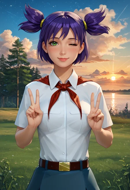 8k, 4k, 3d, realistic, realism,
score_9, score_8_up, score_7_up,
best quality, masterpiece, ultra detailed,
162 cm height, 18 years old,
<lora:Expressive_H:1>, light smile, (blush:1.3), closed mouth, lips, nose, mature,
bokeh, blur, blurry background,
looking at viewer, portrait, dynamic pose, upperbody, hand peace sign, wink,
<lora:Everlasting_Summer_Lena_by_GraffMetal_V1.2:1>, lena, purple hair, green eyes, short hair, short twintails, twintails, two side up, bangs, solo, large breasts,
detailed image, high quality detailed, UHD, beautiful art UHD, bokeh, DSLR, soft lighting, high quality, film grain, Fujifilm XT, fine-tuned details, style of Jovana Rikalo,
white collared shirt, short sleeves, red neckerchief, neckerchief, belt, blue skirt, school outfit, short skirt,
amazing background, outdoors, nature, sunset, cozy, star, stars, cloud, clouds, sky, wind,
<lora:Everlasting_Summer_Vanilla_Art_Style_by_GraffMetal:0.7>,
<lora:Everlasting_Summer_Vanilla_Backgrounds_by_GraffMetal:0.7>,
