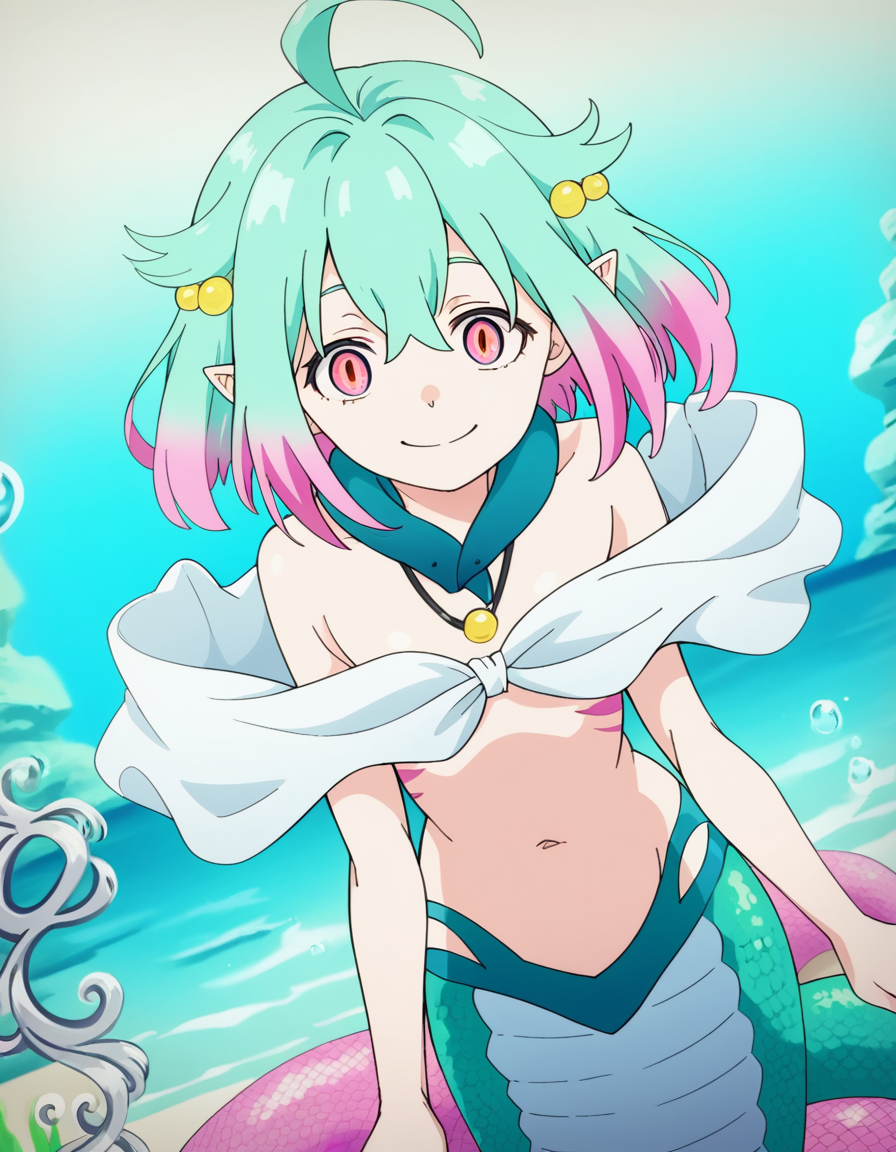 score_9, score_8_up, score_7_up, source_anime, <lora:yorumun-himeou-s1-ponyxl-lora-nochekaiser:1>, yorumun himeuo, short hair, pink hair, ahoge, multicolored hair, medium hair, pink eyes, aqua hair, gradient hair, multicolored eyes, monster girl, lamia,, navel, necklace, jewelry,, ocean, sea, water, submerged fish, bent over, smile, looking at viewer, solo,, cowboy shot, dutch angle