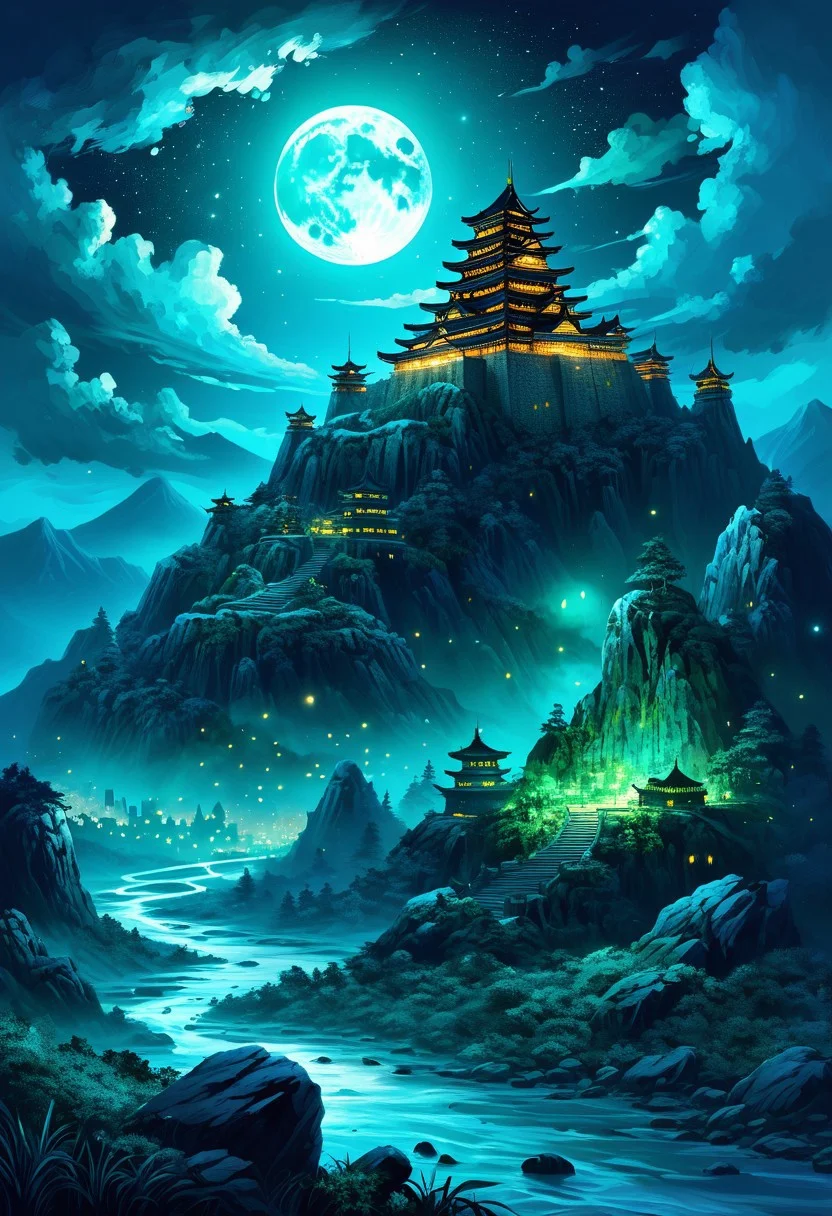 (by Ellen Jewett:1.5), (Bioluminescent Impressionism, alien mountain landscape , The Dreamland, A captivating night scene illustration featuring a Korean castle base on a great great mountain. The great castle stands proudly on the great great mountain. This enchanting artwork captures a dark but comforting night, where a brilliant moon hangs above and over the great valley and great Korean castle in Korea which stands resolute amidst the great mountains, creating a cinematic experience., space_backround, illustration, cinematic
<lora:DonM3t3rn1tyXL-v1.1:0.7>, DonM3t3rn1tyXL,
OverallDetailXL <lora:MJ52:0.3> <lora:SDXLFaeTastic2400:0.4> <lora:EpicF4nta5yXL:0.7>. great beams of light shooting up into the sky, sky sunset, sunrise ,waterfall, ethereal landscapes, depth of field, biotech emotion:1.3) <lora:xl_more_art-full_v1:0.5> <lora:add-detail-xl:1> <lora:RMSDXL_Creative:2>