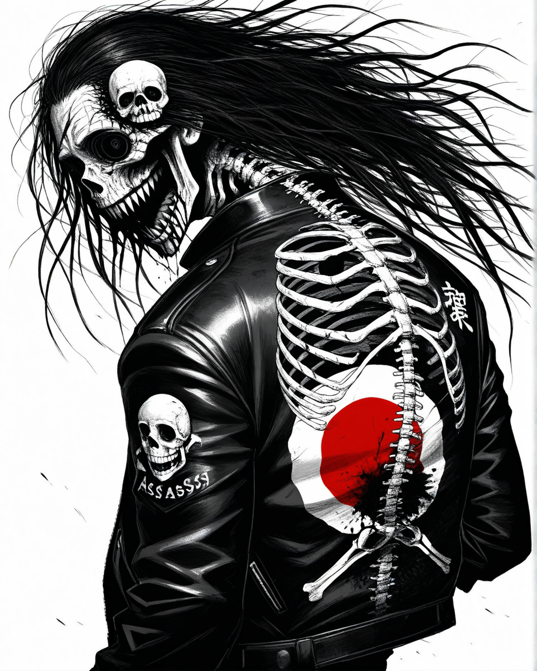assassinkahb style, a black and white photo of an assassin wearing a motorcycle jacket with japanese writing on the back, solo, simple background, 1boy, white background, jacket, monochrome, upper body, greyscale, male focus, long hair in wind, weapon, clothes writing, skull, skeleton, japanese flag,  horror, madness, bloody, abomination, sharp teeth, veins, trauma, cuts, scratches, crazy smile,  <lora:se_v1_horror:0.8>