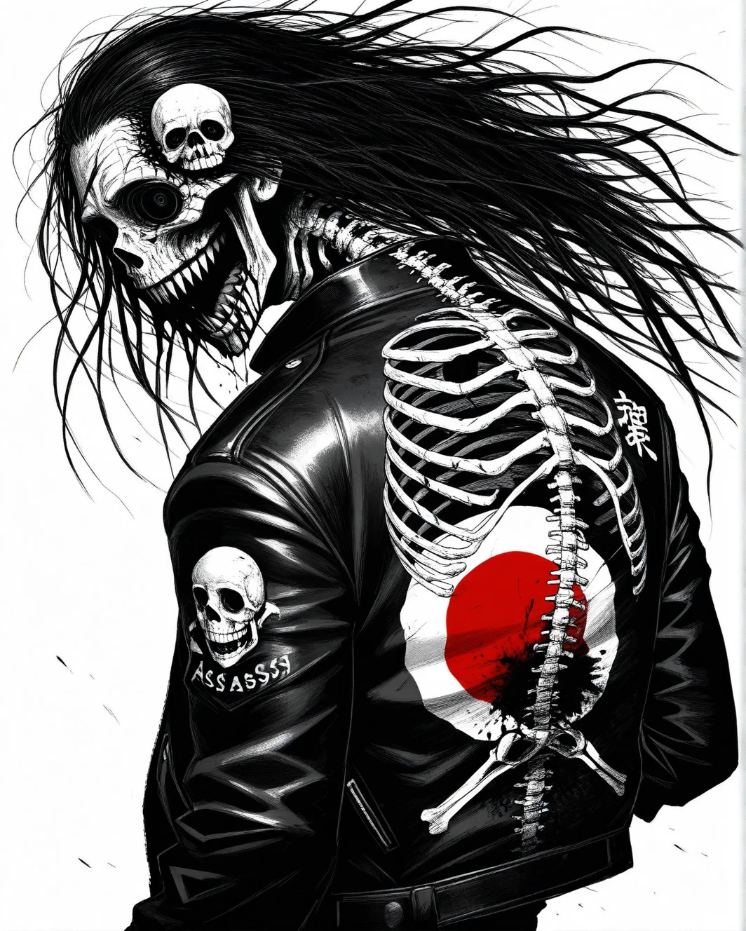 assassinkahb style, a black and white photo of an assassin wearing a motorcycle jacket with japanese writing on the back, solo, simple background, 1boy, white background, jacket, monochrome, upper body, greyscale, male focus, long hair in wind, weapon, clothes writing, skull, skeleton, japanese flag, horror, madness, bloody, abomination, sharp teeth, veins, trauma, cuts, scratches, crazy smile, <lora:se_v1_horror:0.8>