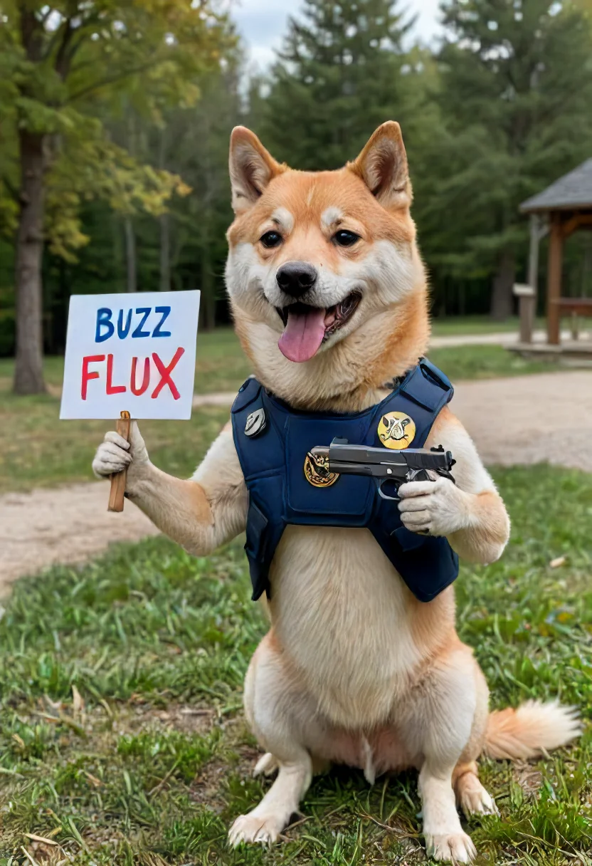 Doge smiling and pointing a Colt 1911 and holding a sign that says "BUZZ 4 FLUX", outside <lora:add-detail-xl:1>