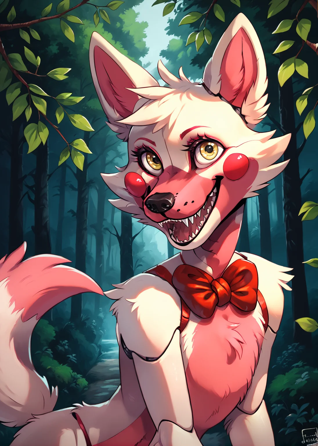score_9, score_8_up, score_7_up, score_6_up, source_furry, forest setting, detailed backgorund,
solo, anthro, female, happy face, posing, looking at viewer,
funtime foxy (fnaf), canine, fluffy fur,
<lora:Smooth Anime Style LoRA XL:0.7> <lora:Funtime_Foxy:1> <lora:Anime Summer Days Style SDXL_LoRA_Pony Diffusion V6 XL:0.5>