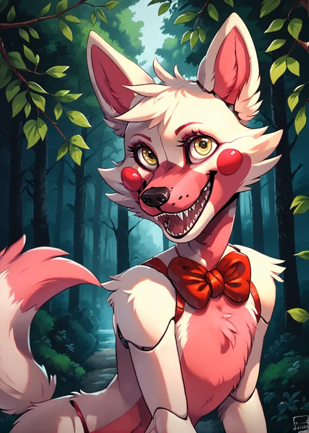 score_9, score_8_up, score_7_up, score_6_up, source_furry, forest setting, detailed backgorund,
solo, anthro, female, happy face, posing, looking at viewer,
funtime foxy (fnaf), canine, fluffy fur,
<lora:Smooth Anime Style LoRA XL:0.7> <lora:Funtime_Foxy:1> <lora:Anime Summer Days Style SDXL_LoRA_Pony Diffusion V6 XL:0.5>