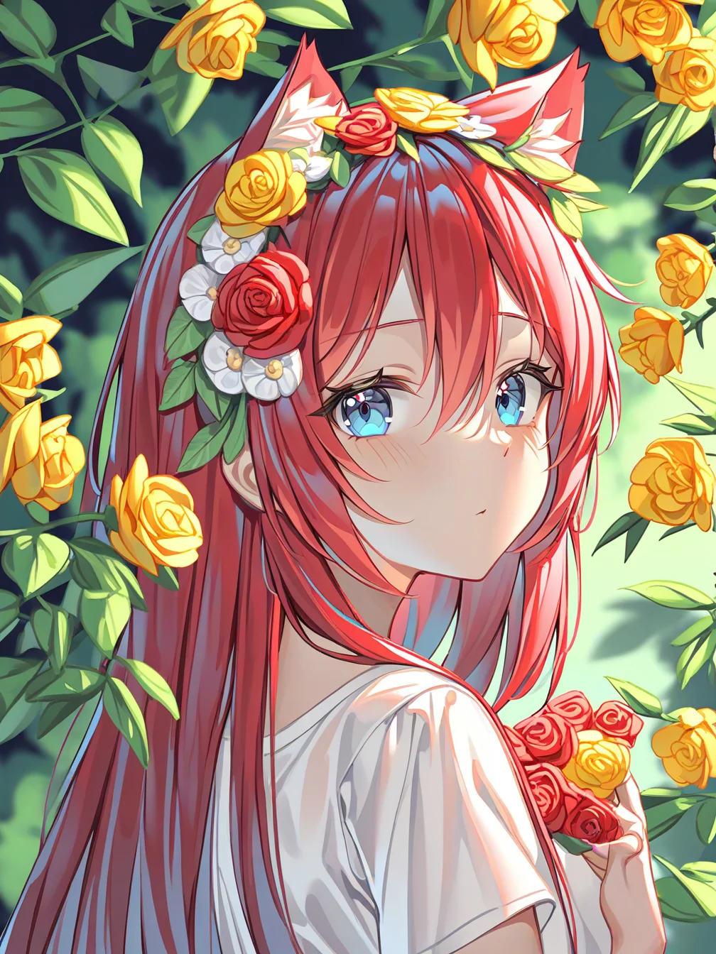 style AL17460600,
1girl,solo,animal ears,animal ear fluff,cat ears,hair ornament,yellow flower,hair flower,long hair,red hair,hair between eyes,blue eyes,shirt,white shirt,looking at viewer,collarbone,blush,
flower,hair flower,hatsune miku,red flower,hair ornament,dappled sunlight,sunlight,branch,looking at viewer,portrait,blurry,head wreath,rose,white flower,covered mouth,upper body,leaf,looking back,orange flower,red rose,blue eyes,yellow flower,
<lora:artist_all_in_one_2-000036:1>,