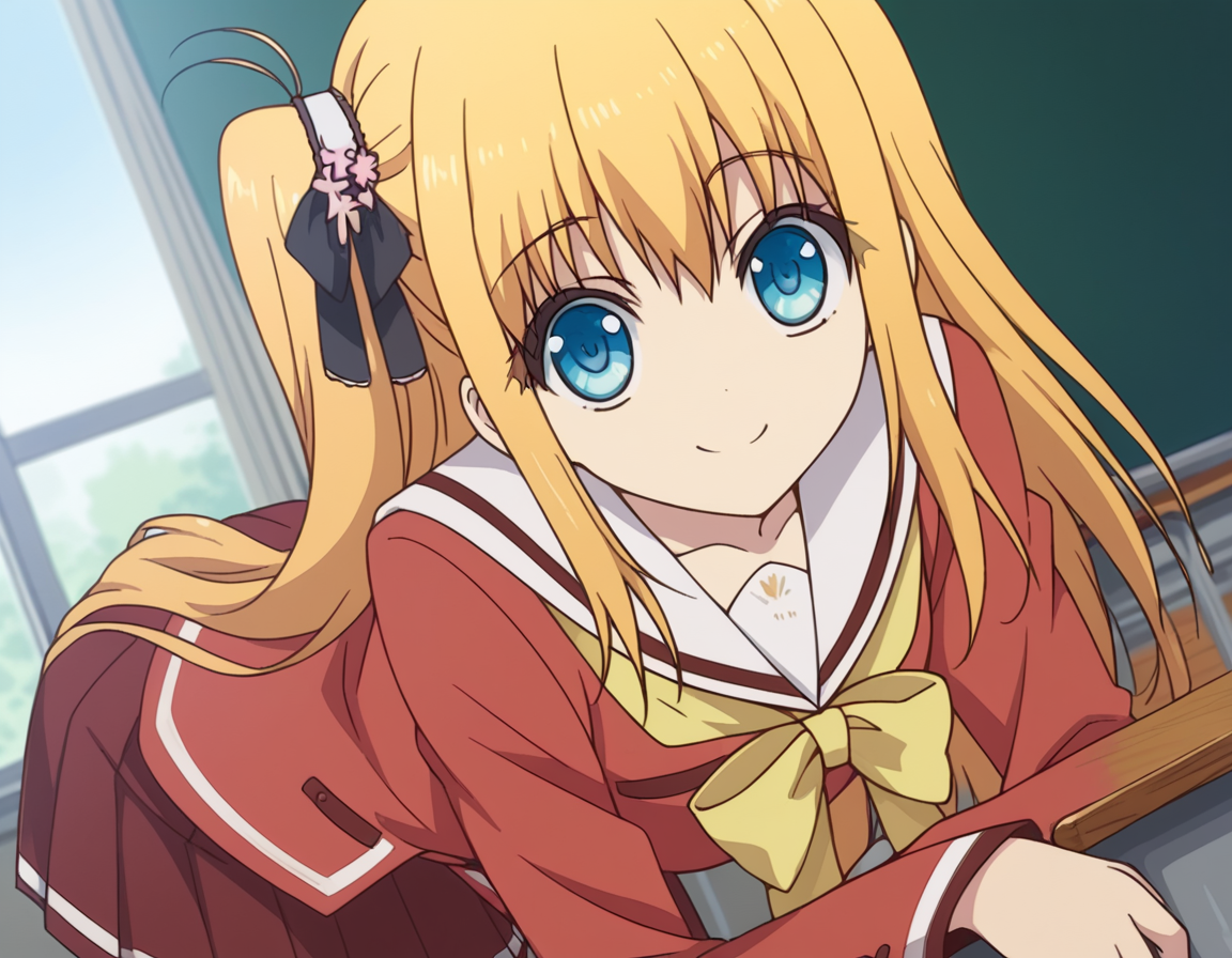 score_9, score_8_up, score_7_up, source_anime,
yusakurobane, <lora:yusa-kurobane-s1-ponyxl-lora-nochekaiser:1>,
yusa kurobane, long hair, blue eyes, blonde hair, hair ornament, ribbon, hair ribbon, one side up, side ponytail,
school uniform, serafuku, long sleeves, red blazer, red skirt, pleated skirt, white sailor collar,
indoors, classroom, bent over, smile,
looking at viewer, cowboy shot, solo, dutch angle,