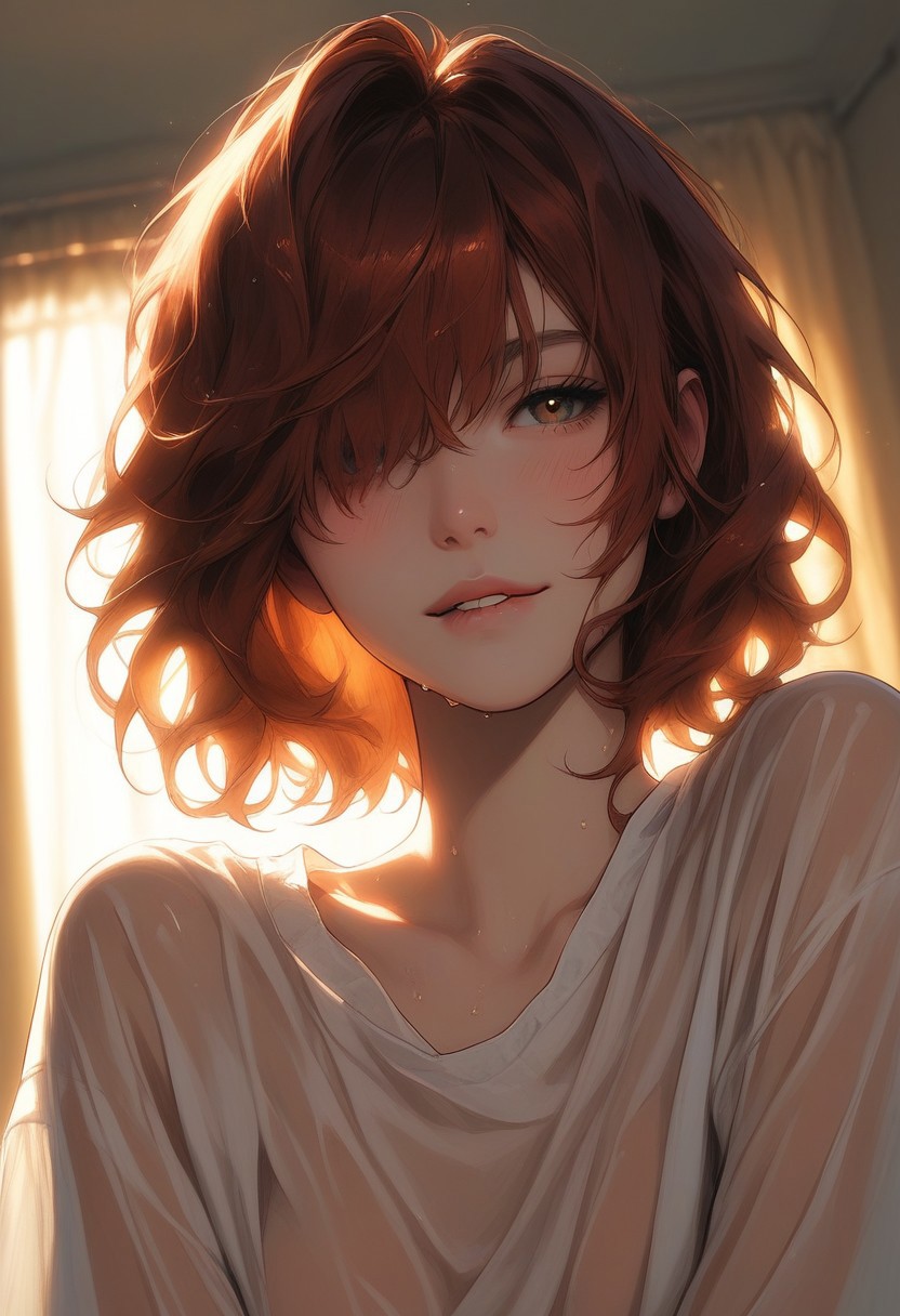 masterpiece,best quality, highly detailed, score_9, score_8_up, score_7_up, score_6_up, source_cartoon,
BREAK
1girl, close-up, auburn hair, bangs covering one eye, oversized clothes,see-through,bedroom, dim lighting, large natural breasts, wet skin, flushed cheeks, messy hair, sensual expression, biting lip, detailed textures, intimate atmosphere.
BREAK
dynamic light, warm_light, vibrant colors warm_colors, soft focus, high contrast, textured surfaces, depth of field, golden hour lighting, dramatic shadows, rich details, nature-inspired color palette, playful composition.
,dynamic angle,dynamic light,background,g4n1m3