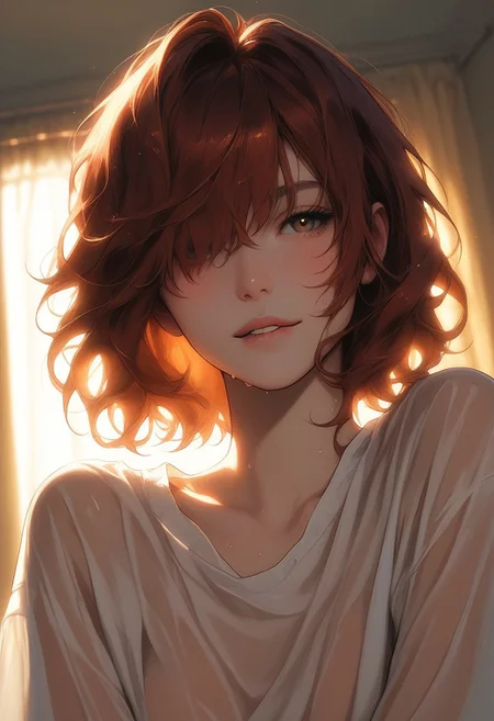 masterpiece,best quality, highly detailed, score_9, score_8_up, score_7_up, score_6_up, source_cartoon,
BREAK
1girl, close-up, auburn hair, bangs covering one eye, oversized clothes,see-through,bedroom, dim lighting, large natural breasts, wet skin, flushed cheeks, messy hair, sensual expression, biting lip, detailed textures, intimate atmosphere.
BREAK
dynamic light, warm_light, vibrant colors warm_colors, soft focus, high contrast, textured surfaces, depth of field, golden hour lighting, dramatic shadows, rich details, nature-inspired color palette, playful composition.
,dynamic angle,dynamic light,background,g4n1m3