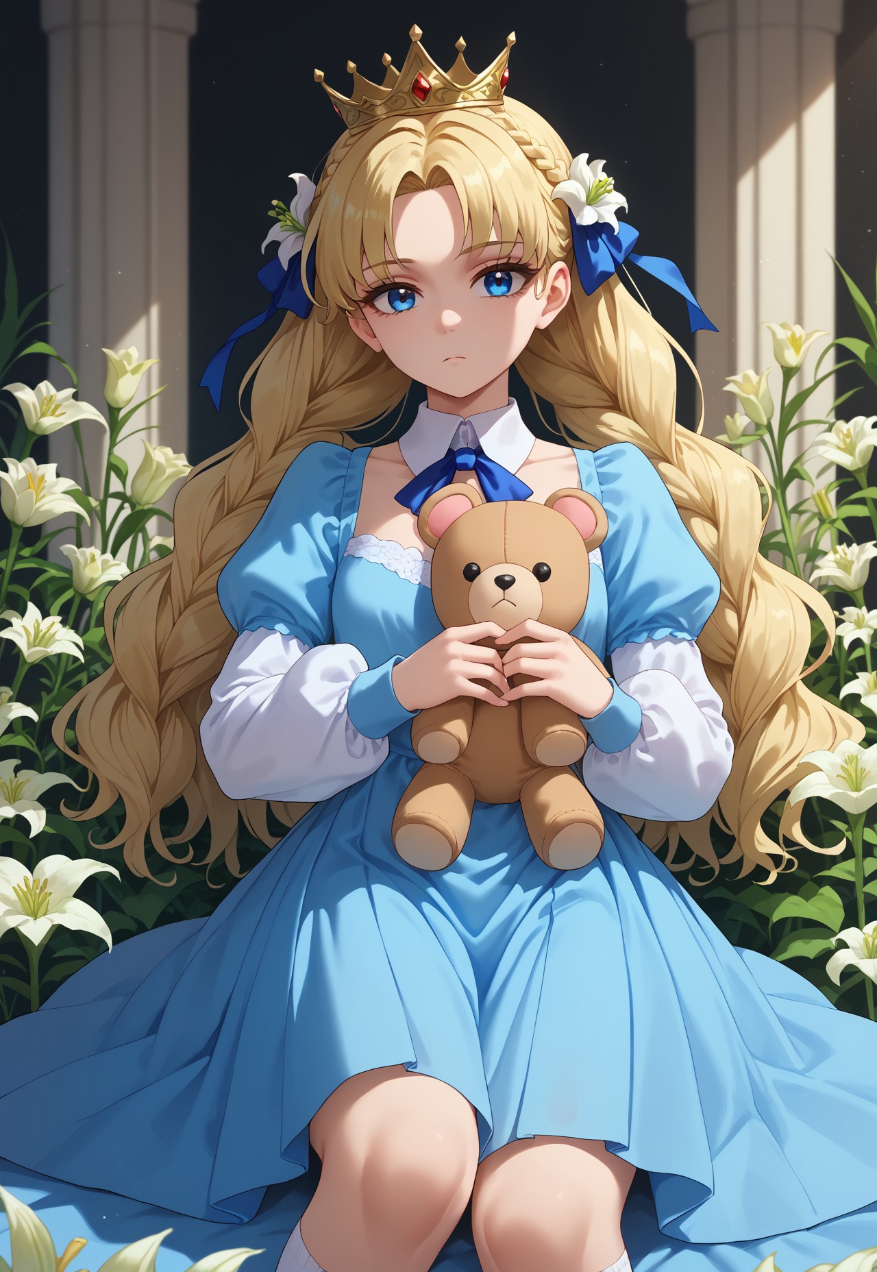 score_9, score_8_up, score_7_up, limgae, 1girl, solo, blonde hair, blue eyes, blue ribbon, braid, collared dress, crown, dress, expressionless, flower, hair flower, hair ornament, hair over shoulder, hair ribbon, holding, holding stuffed toy, juliet sleeves, lily (flower), long hair, long sleeves, looking at viewer, multiple braids, pleated dress, puffy sleeves, ribbon, socks, stuffed animal, stuffed dog, stuffed toy, wavy hair, white flower, white lily, white rose