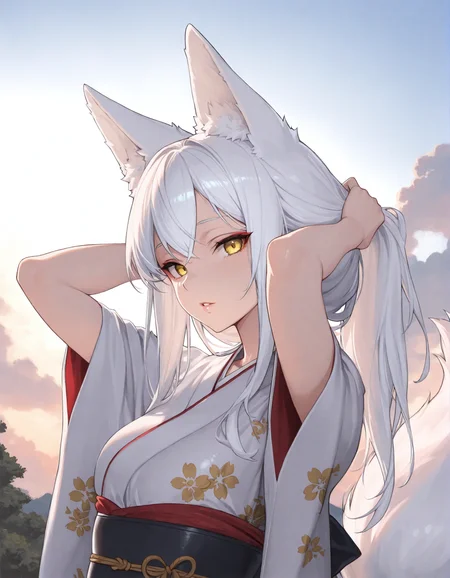 1girl, fox tail, sky, white hair, long hair, animal ears, masterpiece, yellow eyes, kitsune, parted lips, looking at viewer, kimono, floral print, outdoors, portrait, arms behind head, adjusting hair, cloud, volumetric lighting,