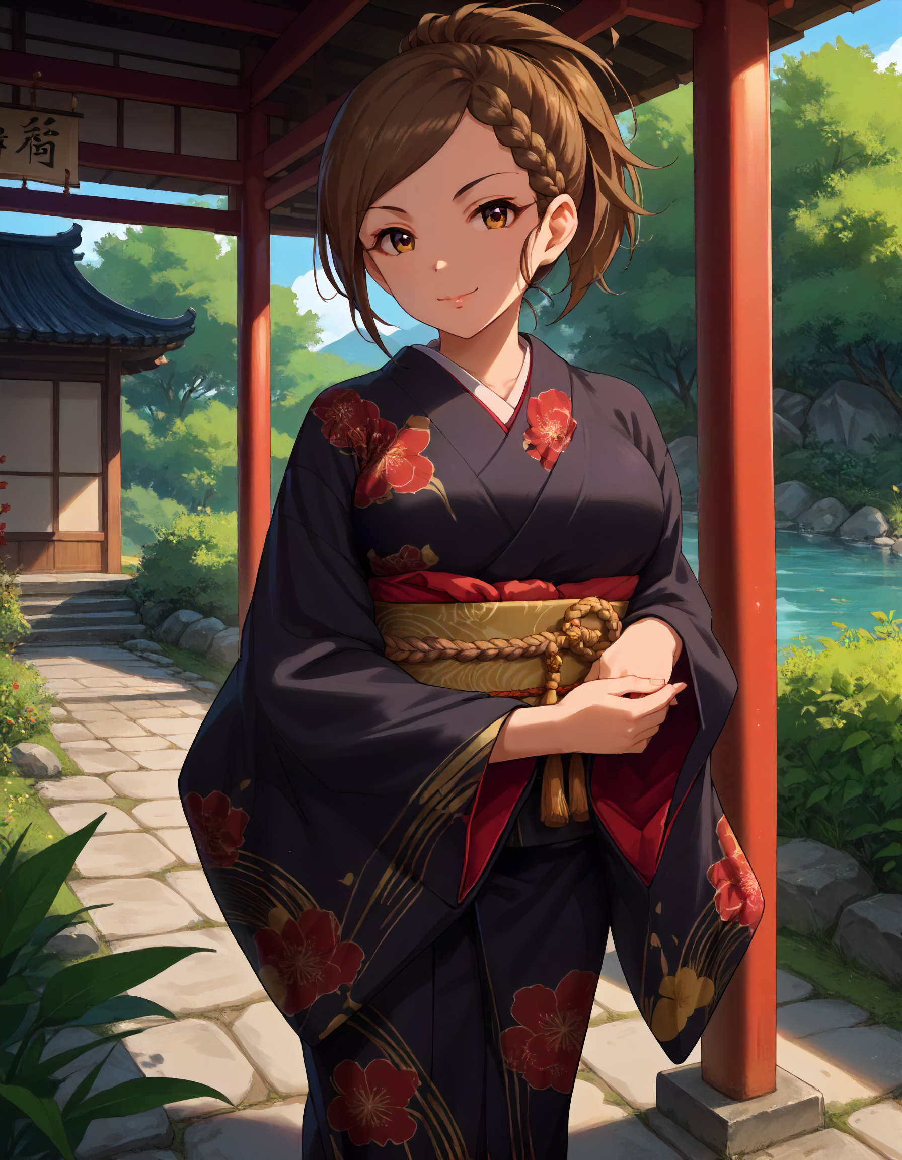 score_9,score_8_up,score_7_up,1girl,solo,standing,looking at viewer,smile,closed mouth,outdoors,
<lora:hyoudourena_ponyXLV6:0.8>,cghre,
brown hair,ponytail,braid,brown eyes,big breasts,
japanese clothes,black kimono