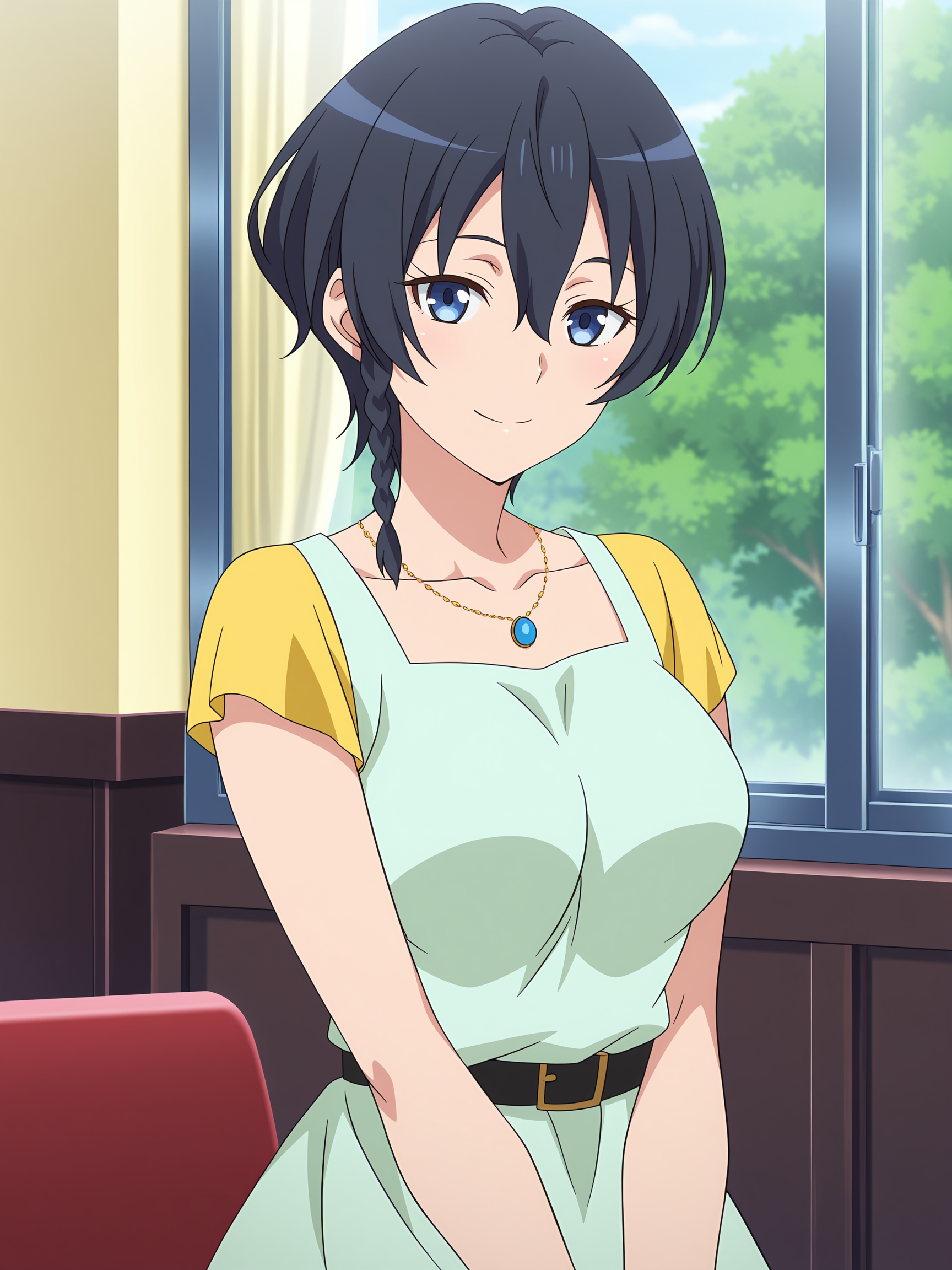 best quality, official art, anime screenshot, anime coloring, adult female, dress, looking at viewer, smile, 1girl, solo, medium breasts, short hair, blue eyes, black hair, hair between eyes, side braid, kohiruimaki_karen, <lora:RGV_Karen_GGO:0.9>
