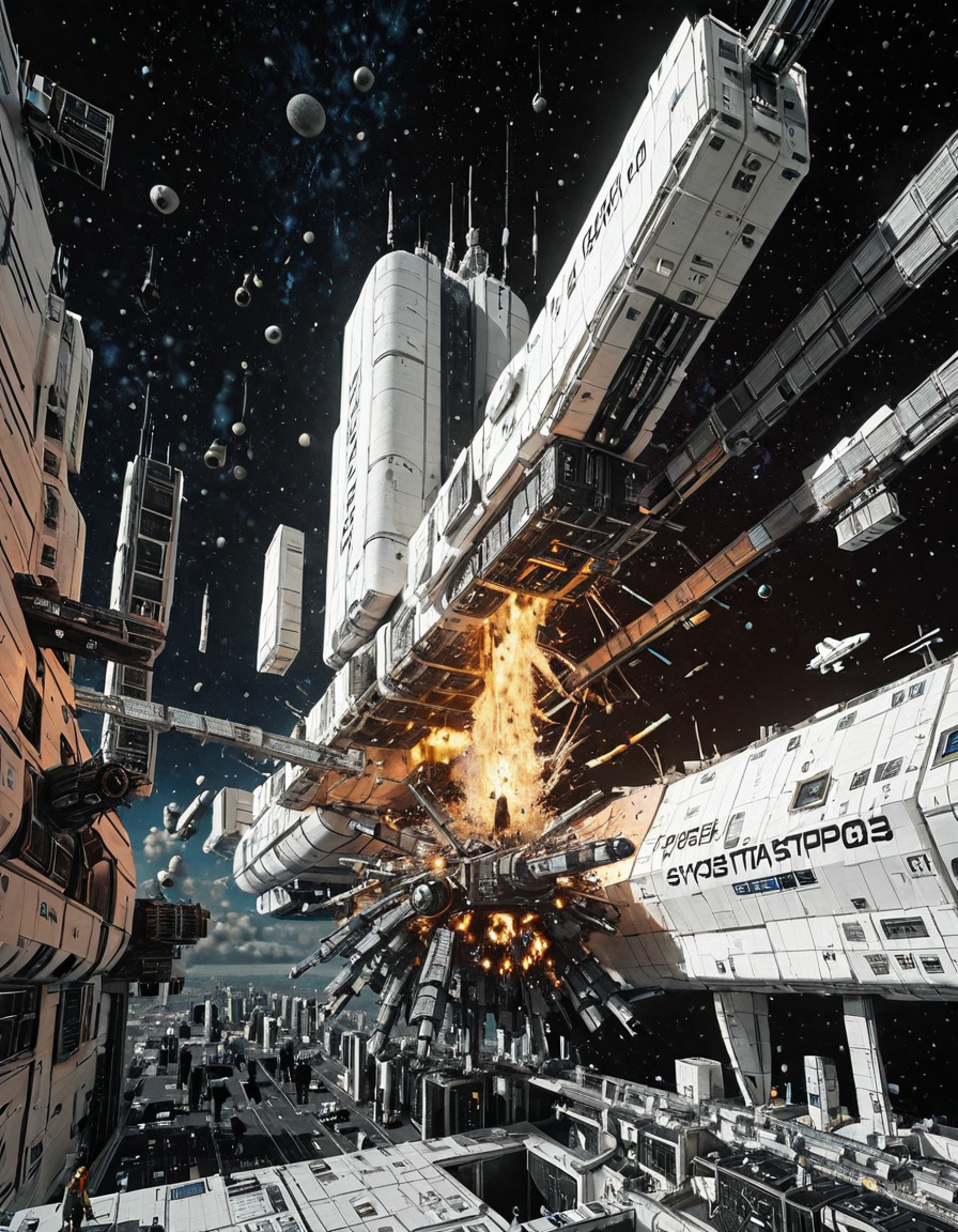 <lora:Space_Worlds_Minis_3v2:1> swminis3all, Test1, space station, in space, kanji, white, cyberpunk city, science fiction, explosion