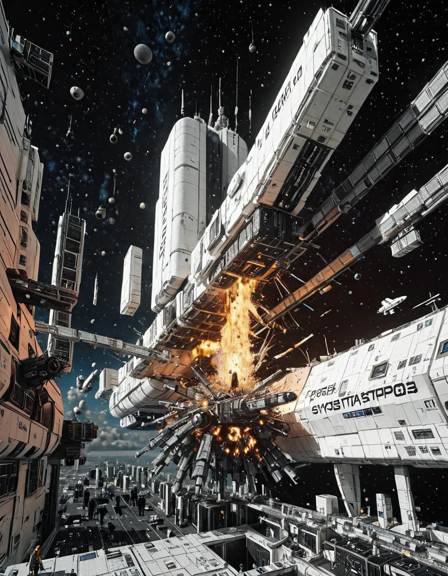 <lora:Space_Worlds_Minis_3v2:1> swminis3all, Test1, space station, in space, kanji, white, cyberpunk city, science fiction, explosion