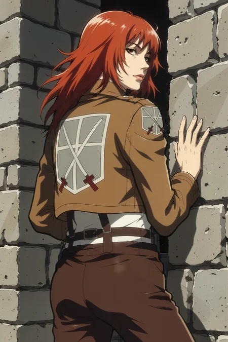 a red haired woman wearing light brown aotjck short jacket turned back with with two swords painted on the back, standing against a stone city wall,detailed background<lora:AOT_JACKET_FLUX>, <lora:Dorota_Pietrowiak:0.3> Portrait by Dorota Pietrowiak <lora:Comic book V2:0.8> High-contrast illustration