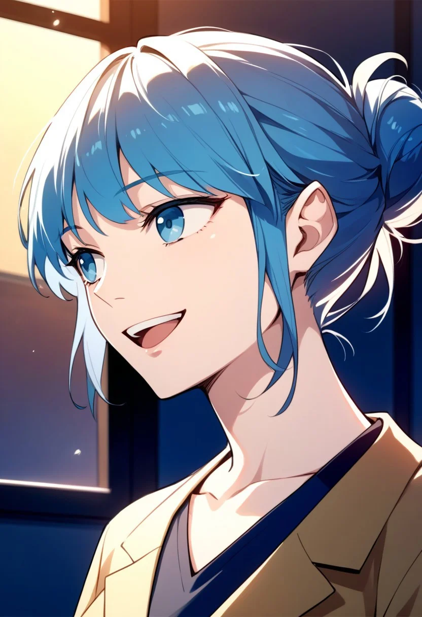score_9,score_8_up,score_7_up,source_anime,Ha Yura,1girl,solo,smile,open mouth,short hair,collarbone,hair bun,alternate hairstyle,single hair bun,portrait,