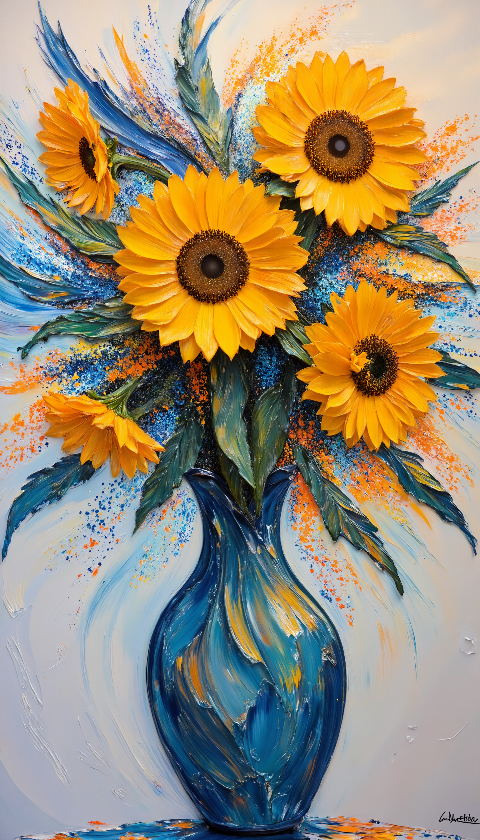 A minimalist yet powerful version of "Sunflowers," inspired by Vincent van Gogh, with a modern twist. The sunflowers are depicted using vibrant, unexpected colorsâsuch as neon yellows and pastel bluesâalongside thick, sculptural layers of paint applied with a palette knife. The impasto technique adds depth and energy, with each petal standing out in bold, three-dimensional relief. The overall composition is sleek and minimalist, with only a few strong strokes and a clean, empty background, emphasizing the contrast between the intense texture of the flowers and the simplicity of the scene, impasto, brushwork, paint layers, a sleek, stippling, <lora:Midjourney_Whisper_BrushPulse_v01_epoch_20:1>,  <lora:midjourney_whisper_flux_lora_v01:1>,