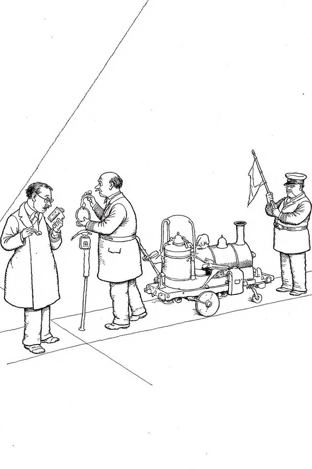 whrob1 illustration. 
On the left, a man with a mustache and glasses, dressed in a long coat and trousers, is looking at his pocket watch. In the center is a bald man, pulling a small toy train behind him. On the left is a train conductor, holding a signal flag and watching his pocket watch. <lora:whrob1_cap_d6a3e11:1.0><lora:828456830419201891:0>