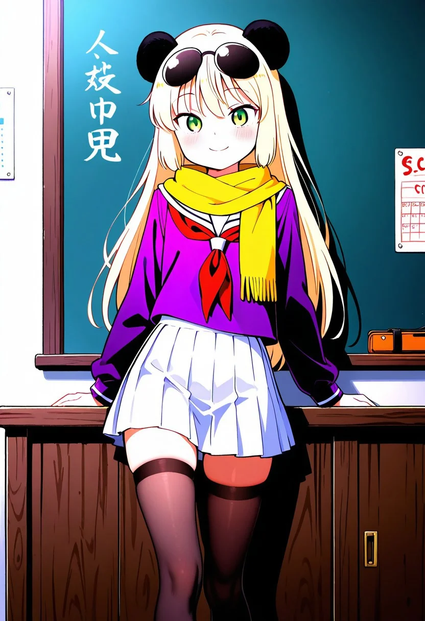 smasterpiece, best quality, amazing quality, score_9, score_8_up, score_7_up, score_6_up, score_5_up, score_4_up,
solo, panda girl, long hair, blonde hair, black panda ears, black ears, flat chest (green eyes: 1.1),
serafuku, Skirt, School uniform, Pleated skirt, Serafuku, White skirt, Shirt, Purple shirt, Sailor collar, White Sailor collar, Long sleeves, Yellow Scarf, Knee-high stockings,
smile, standing