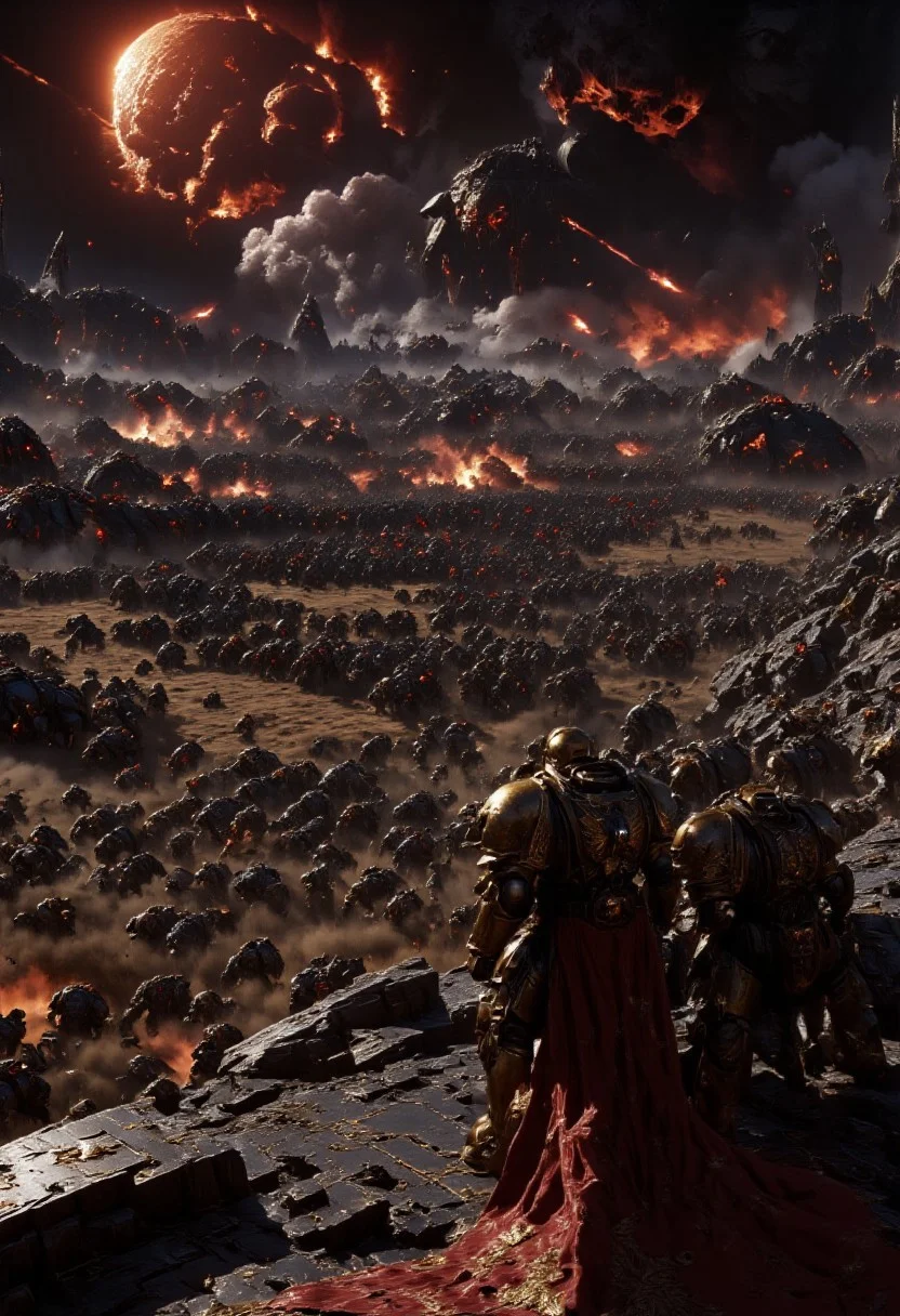 A loyal space marine clad in black and red space marine armor, stands on a cliff overlooking a large battle scene between space marines and tyranids. In his right hand hes holding a bolt gun with smoke rising from its barrel. The battlefield below is raging, with thousands of space marines and fighting of swarms of tyranids, there are several explosions on the battlefield. An eerie red glow coming from the horizon as if the sun is bleeding into the sky. The style is dark fantasy, with a haunting, war-torn atmosphere. <lora:dark_fantasy_flux:0.83> <lora:FredFraiStyle-FLUX-Share:0.63> <lora:sxz-Dark-Fantasy-v2-Flux:0.33> drkfnts style, <lora:flux.1_lora_flyway_Epic-Characters_v1:0.43>