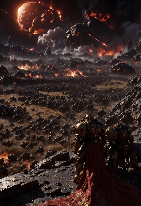 A loyal space marine clad in black and red space marine armor, stands on a cliff overlooking a large battle scene between space marines and tyranids. In his right hand hes holding a bolt gun with smoke rising from its barrel. The battlefield below is raging, with thousands of space marines and fighting of swarms of tyranids, there are several explosions on the battlefield. An eerie red glow coming from the horizon as if the sun is bleeding into the sky. The style is dark fantasy, with a haunting, war-torn atmosphere. <lora:dark_fantasy_flux:0.83> <lora:FredFraiStyle-FLUX-Share:0.63> <lora:sxz-Dark-Fantasy-v2-Flux:0.33> drkfnts style, <lora:flux.1_lora_flyway_Epic-Characters_v1:0.43>