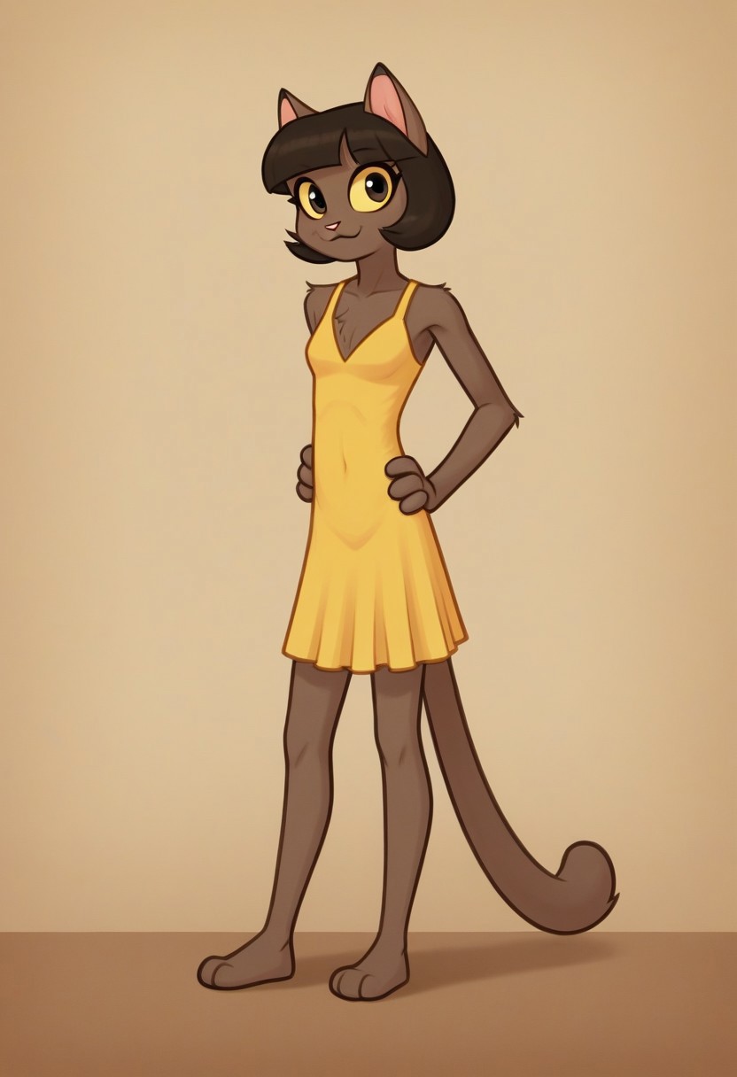 IvyPepper[LACKADAISY], Ivy[LACKADAISY], IP[LACKADAISY], feline, cat, cat ears, animal ears, yellow sclera, black pupils, short hair, bob haircut, female, female cat, short-hair cat, (female anthro cat:1.3).
Solo, alone, by herself, 1girl, female.
clothing, clothed, dressed, wearing a dress, yellow dress, poofy dress.
skinny body, skinny, boobs, tits, skinny, (muscle:1.47), (skinny body:1.5), (brown body:1.1).
HD, digital painting, digital art, masterpiece.
standing up, standing,  standing on tiled floor.
closed mouth, happy expression.
outside, town, 1920s, wall, {outside:1.4}.
HD, digital painting, digital art, masterpiece ((fullbody portrait)), digital drawing (artwork), digital media (artwork), hi res, (furry art, uploaded on e621:1.1), best quality, highly detailed, intricate details, extremely detailed, perfect hands, negative_hand,  Art by artie[STYLE], artie[STYLE], Art by artiessauce[STYLE], artiessauce[STYLE], furry, furry art, Cartoony, Cartoon like, cutesy style,