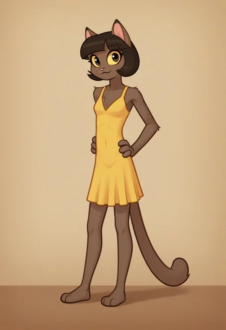 IvyPepper[LACKADAISY], Ivy[LACKADAISY], IP[LACKADAISY], feline, cat, cat ears, animal ears, yellow sclera, black pupils, short hair, bob haircut, female, female cat, short-hair cat, (female anthro cat:1.3).
Solo, alone, by herself, 1girl, female.
clothing, clothed, dressed, wearing a dress, yellow dress, poofy dress.
skinny body, skinny, boobs, tits, skinny, (muscle:1.47), (skinny body:1.5), (brown body:1.1).
HD, digital painting, digital art, masterpiece.
standing up, standing,  standing on tiled floor.
closed mouth, happy expression.
outside, town, 1920s, wall, {outside:1.4}.
HD, digital painting, digital art, masterpiece ((fullbody portrait)), digital drawing (artwork), digital media (artwork), hi res, (furry art, uploaded on e621:1.1), best quality, highly detailed, intricate details, extremely detailed, perfect hands, negative_hand,  Art by artie[STYLE], artie[STYLE], Art by artiessauce[STYLE], artiessauce[STYLE], furry, furry art, Cartoony, Cartoon like, cutesy style,
