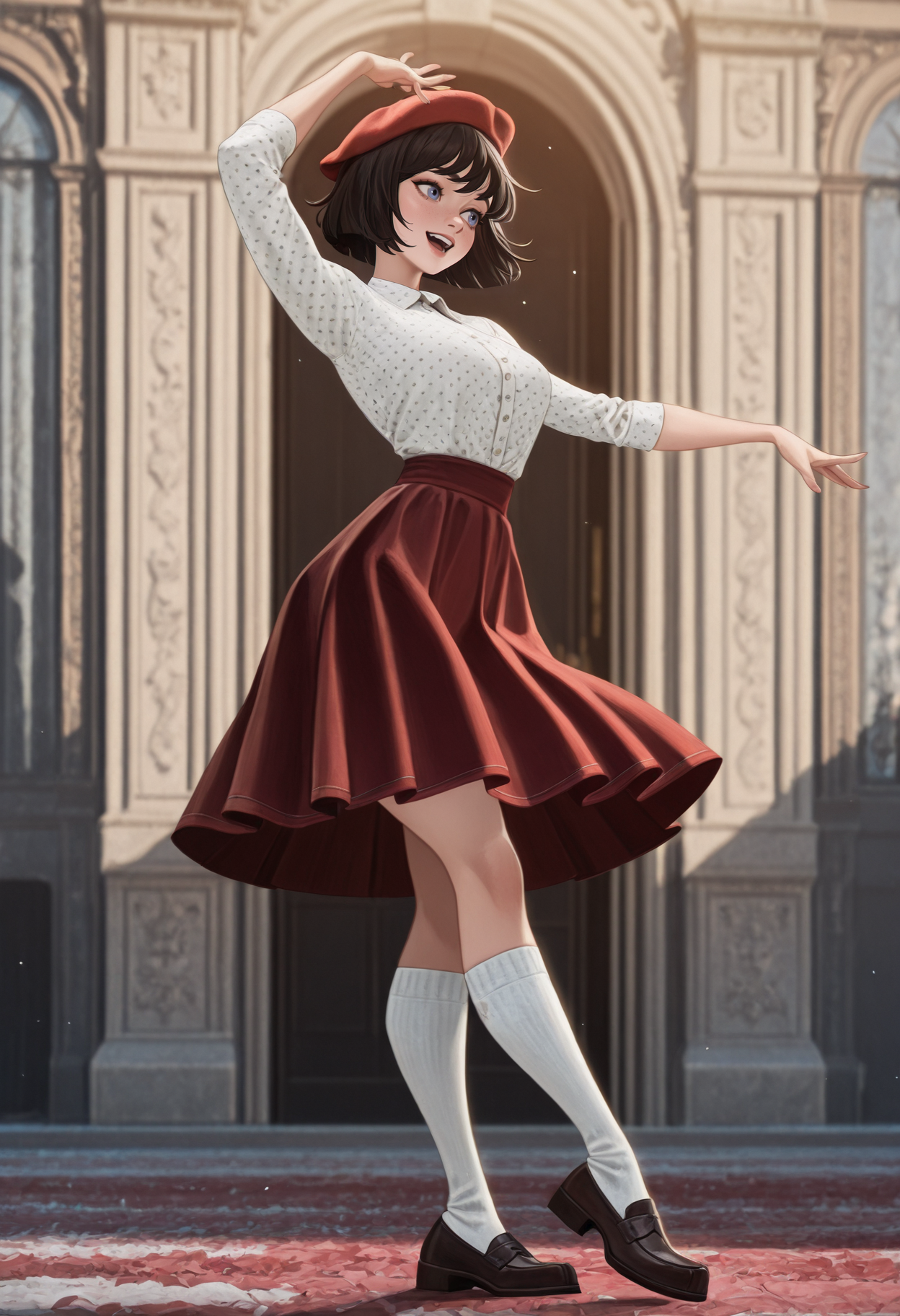 masterpiece, best quality, amazing quality, 1girl, <lora:sophie_illustrious_byJaneB:1>, s0phiee33,
white polka dot shirt, red beret, red skirt, dancing, paris,   <lora:afkArenaIllustrious:1> afkArenaStyle, white socks, penny loafers