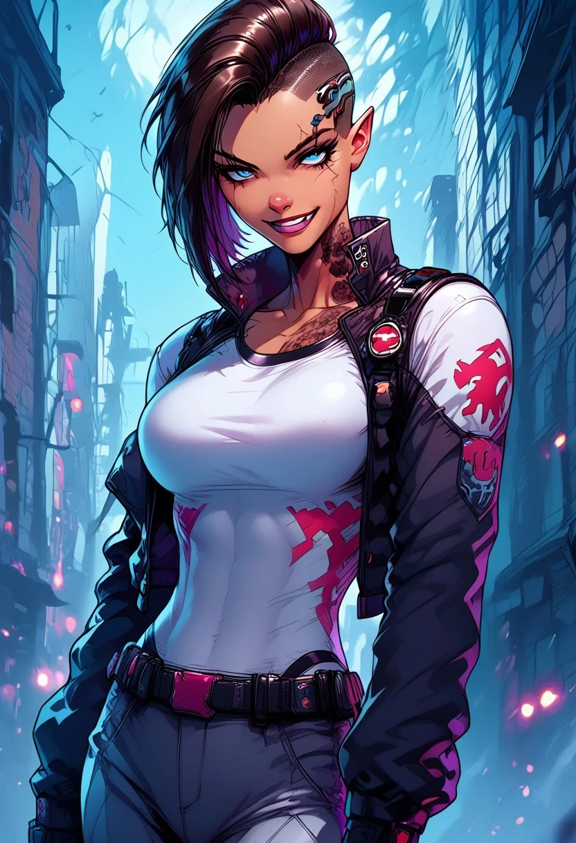 score_9, score_8_up, score_7_up, score_6_up, score_5_up, masterpiece, perfect face, perfect hands,perfect eyes, high quality, 
side stance dynamic pose, (1Big scar over one eye and eyebrow down to cheek:2,0), evil look in the eyes,standing,  looking at viever, 
athletic build, 1dark elf girl, black brown skin color, long side cut,(long elf ears:3,5), short spiky hair,  hair color mix white and copper red,  breasts, (1sleeve Tattoo: 0,8) ice blue eyes, 
cargo pants, white V cut t-shirt, sleveless leather biker jacket,  army boots,, 
tactical glowes, utility belt, bandolier, neck small barcode tatto, (huge bulky cybernetics on head:3,0), steel plate on head,
smirk, cheerful, 1 silver tooth,
cybernetics only on head, 
cyberpunk,
BREAK 
urban sci-fi,  light rays,  windows, city ruins, city ruins, warzone, street, , (burning building:2,0),  
 ais-rmr,easynegative,