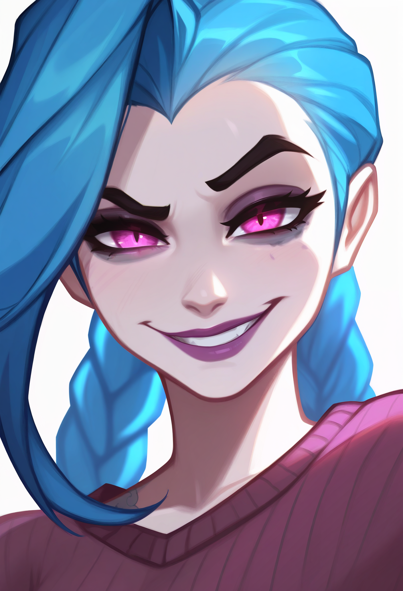1girl, solo, jinx \(league of legends\), sweater, white background, portrait, looking at viewer, evil smile, 
masterpiece, best quality, <lora:Blushyspicy-guy90-IllustriousV1:1>, yciblu