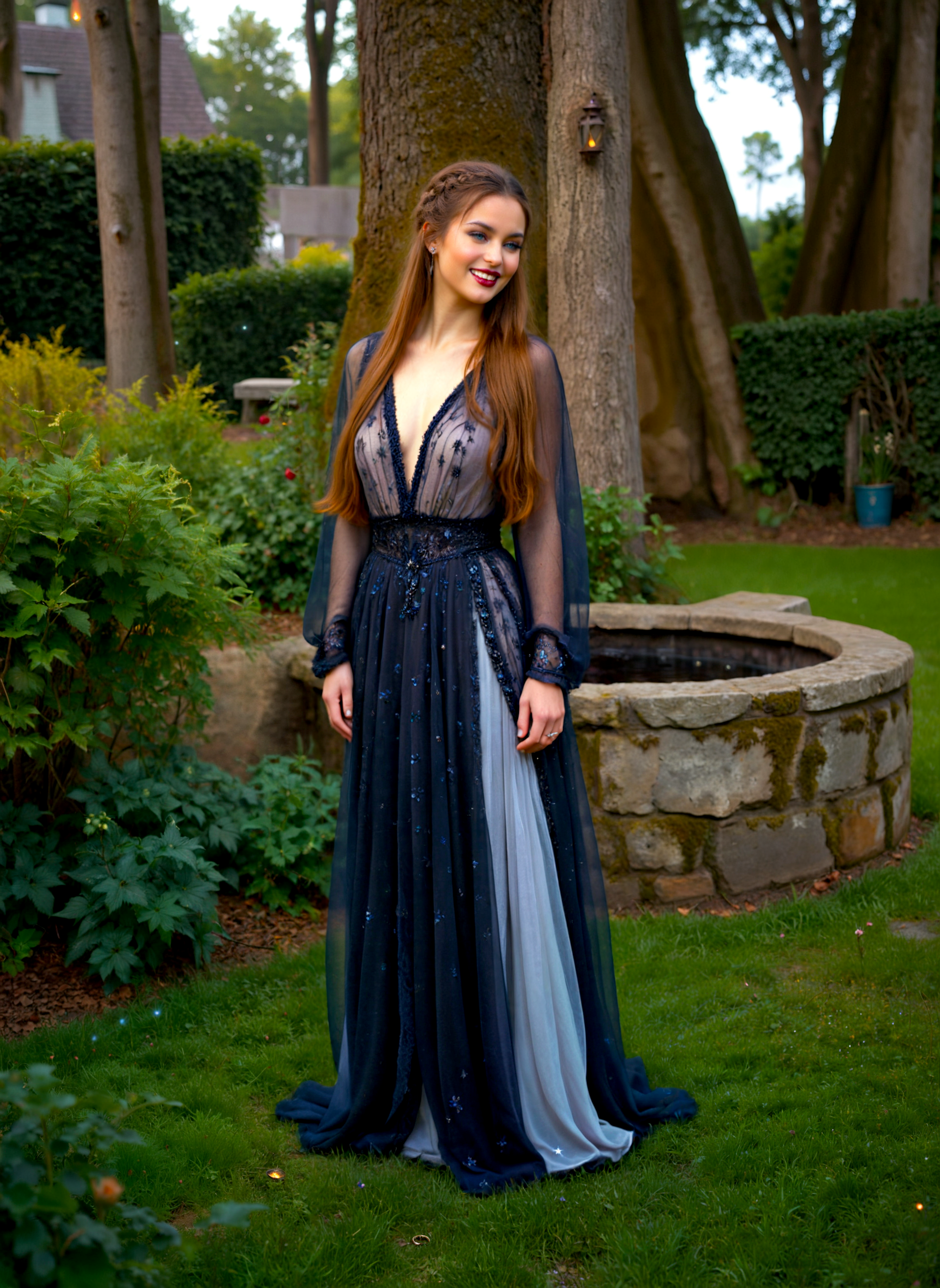 cinematic film still a young woman standing in a garden. She is wearing a long, flowing black dress with a plunging neckline and long sleeves. The dress is made of a sheer fabric with silver sequins that sparkle in the light. The woman has long brown hair styled in loose waves and is smiling at the camera. In the background, there are trees and bushes, and a stone fountain can be seen in the distance. The overall mood of the image is elegant and sophisticated. Shallow depth of field, vignette, highly detailed, high budget, bokeh, cinemascope, moody, epic, gorgeous, film grain, grainy. <lora:add-detail-xl:.5>  <lora:Flux-style-xl-lora:.5>