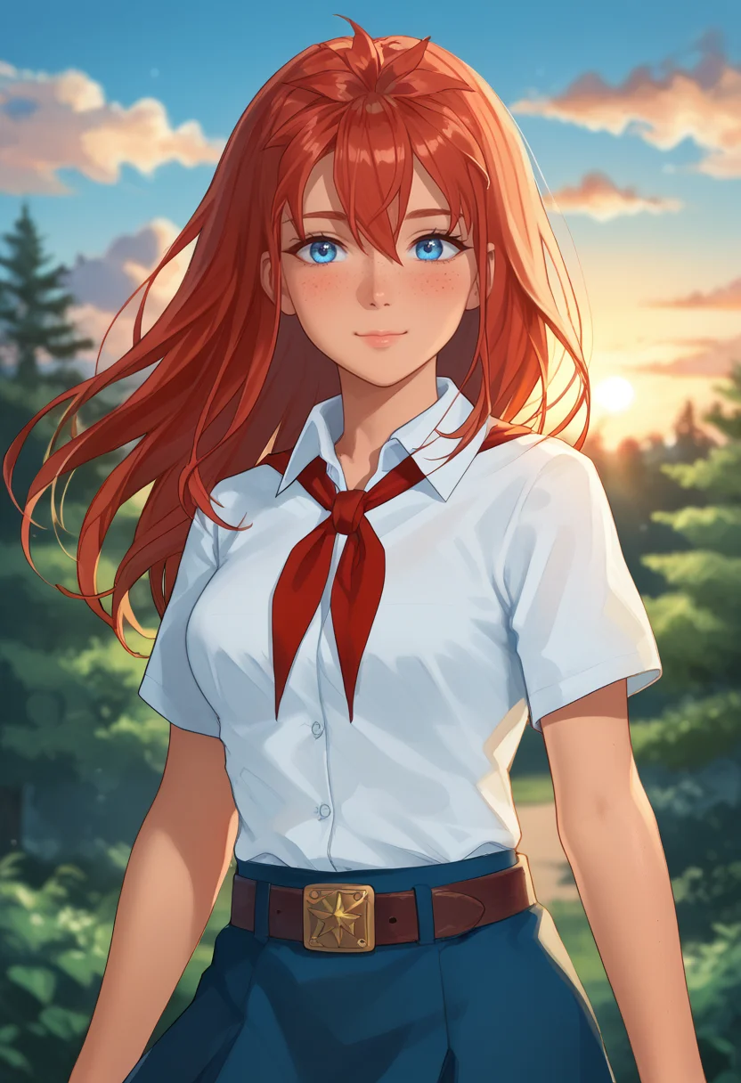 score_9, score_8_up, score_7_up,
best quality, masterpiece, ultra detailed,
22 years old, 170 cm height,
<lora:Expressive_H:1>, blush, closed mouth, light smile,
bokeh, blur, blurry background
looking at viewer,
portrait, dynamic pose, upperbody,
<lora:Everlasting_Summer_Ulyana_adult_verion_by_GraffMetal_V1:1>, ulyana, long hair, red hair, blue eyes, dark skin, face freckles, medium breasts, body freckles, bangs, hair between eyes, straight hair, solo,
white collared shirt, short sleeves, red neckerchief, neckerchief, belt, blue skirt, school outfit, short skirt,
amazing background, outdoors, nature, sunset, cozy, star, stars, cloud, clouds, sky, wind,
<lora:Everlasting_Summer_Vanilla_Art_Style_by_GraffMetal:0.7>,
<lora:Everlasting_Summer_Vanilla_Backgrounds_by_GraffMetal:0.7>,
