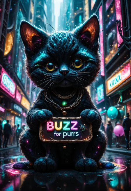 An image of an adorable kitten with cyberpunk aesthetics, sitting in a futuristic urban environment. The kitten has big ears and large, expressive eyes and a soft, fluffy coat, with patches of fur glowing in vibrant neon shades of teal, blue, and purple adding to its cuteness. Its collar has small LED lights that flicker with a soft, pulsing glow. In its paws, the kitten holds a sleek, metallic sign that reads (('BUZZ for purrs')), with the text illuminated in bold, neon green letters that stand out against the background. The cityscape behind the kitten is a mix of towering, futuristic skyscrapers adorned with glowing holographic ads, wires, and cables that drape down from various structures. Neon lights and signs in various colors (magenta, cyan, and electric blue) bathe the scene, casting vibrant reflections on the rain-slicked streets. The kitten's playful, innocent expression contrasts with the edgy, high-tech atmosphere, creating a delightful blend of cute and cyberpunk energy.,