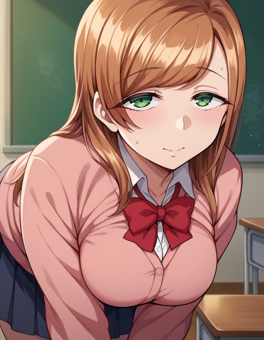 score_9, score_8_up, score_7_up, source_anime,
minakosanada, <lora:minako-sanada-ponyxl-lora-nochekaiser:1>
minako sanada, long hair, brown hair, green eyes, mature female,
long sleeves, bow, school uniform, bowtie, red bow, cardigan, pink cardigan,
indoors, classroom, bent over,
looking at viewer, dutch angle, cowboy shot,