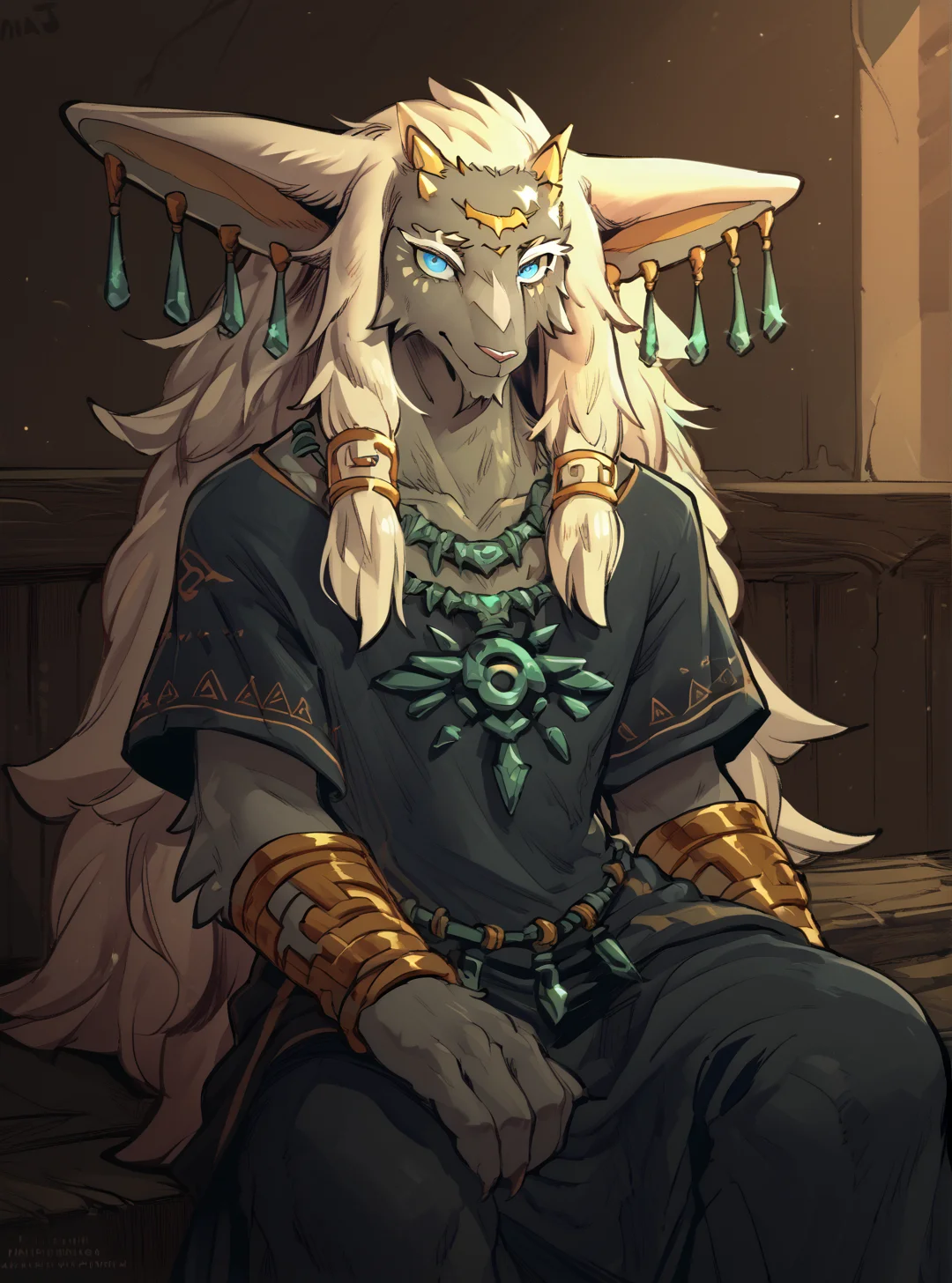score_9, score_8_up, score_7_up, score_6_up, score_5_up, score_4_up, solo, anthro, goat, r4urutotk, blue eyes, pupils, necklace,  armwear,  male, sitting, clothed, clothing, topwear,  inside,  <lora:Rauru-pony:1>  <lora:Maj:1> m4jm4j0r