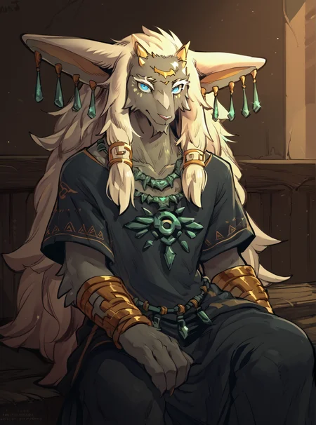 score_9, score_8_up, score_7_up, score_6_up, score_5_up, score_4_up, solo, anthro, goat, r4urutotk, blue eyes, pupils, necklace,  armwear,  male, sitting, clothed, clothing, topwear,  inside,  <lora:Rauru-pony:1>  <lora:Maj:1> m4jm4j0r