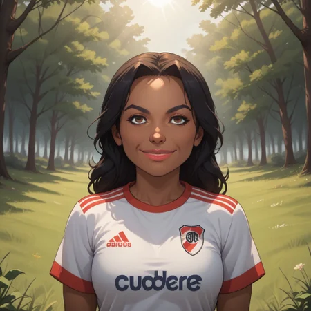 score_9, score_8, BREAK, solo, wii, mii, wii sports, 1girl, female mii, brown eyes, black hair, black eyebrows, lips, dark skin, RiverPlate, striped shirt, striped, shirt, white shirt, short sleeves, clothes writing, sportswear, soccer uniform, nintendo mii, modern_mii, classic_mii, breasts, Maria_(Wii_Sports), dark skin female, sexy pose, self portrait, smile, looking at viewer, outdoors, sunlight, shadows, evening lighting, natural lighting, forest, trees, grass, orange sky, sunset