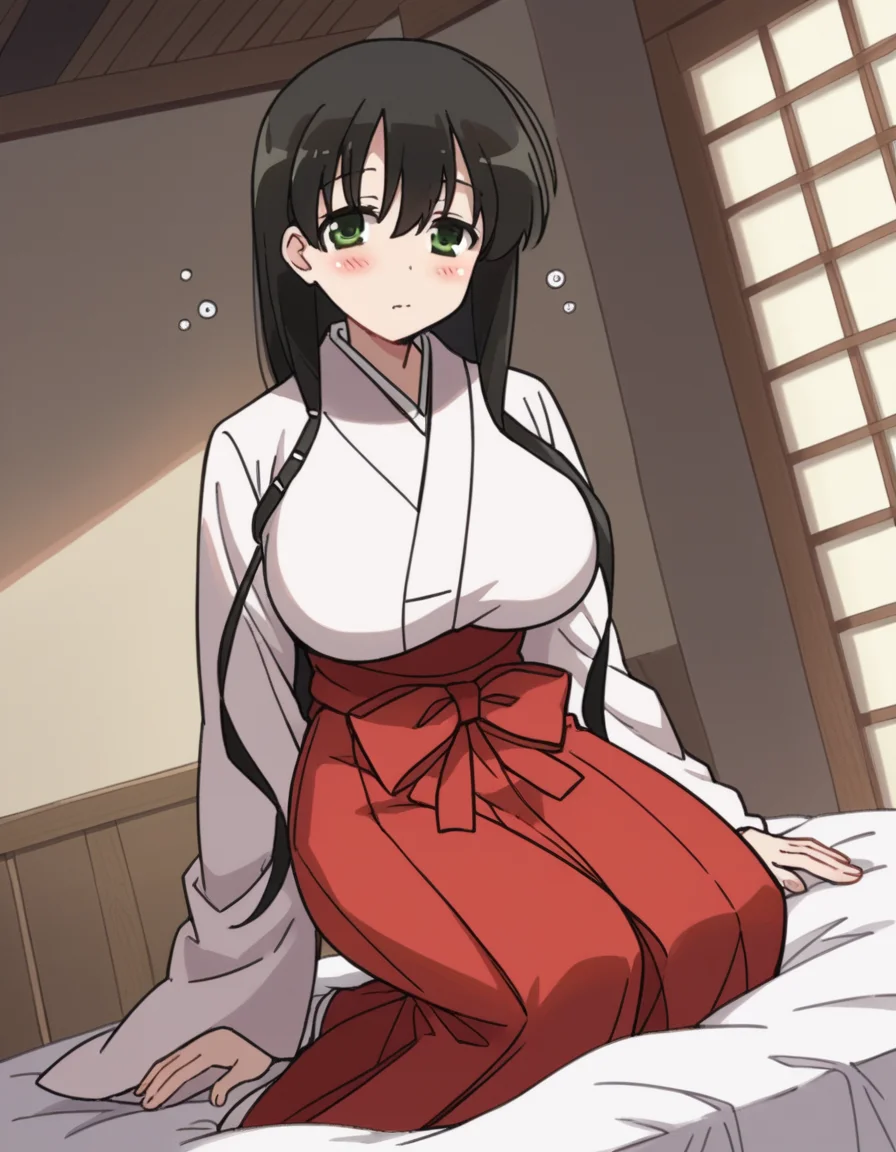 score_9, score_8_up, score_7_up, source_anime,
kasumiiwato, <lora:kasumi-iwato-s2-ponyxl-lora-nochekaiser:1>,
kasumi iwato, long hair, black hair, green eyes, hair between eyes, large breasts,
skirt, japanese clothes, hakama, hakama skirt, miko, red hakama,
indoors, bed, bed room, on side, blush, drunk,
cowboy shot, looking at viewer, solo, dutch angle,