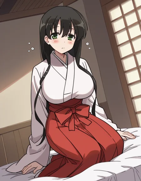 score_9, score_8_up, score_7_up, source_anime,
kasumiiwato, <lora:kasumi-iwato-s2-ponyxl-lora-nochekaiser:1>,
kasumi iwato, long hair, black hair, green eyes, hair between eyes, large breasts,
skirt, japanese clothes, hakama, hakama skirt, miko, red hakama,
indoors, bed, bed room, on side, blush, drunk,
cowboy shot, looking at viewer, solo, dutch angle,