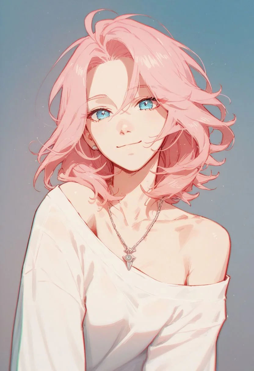 score_9, score_8_up, score_7_up, 1girl, solo, light skin, medium hair, pink hair, blue eyes, white shirt, necklace, smiling, closed mouth, collarbone, looking at viewer, Expressiveh, ju1ch3,