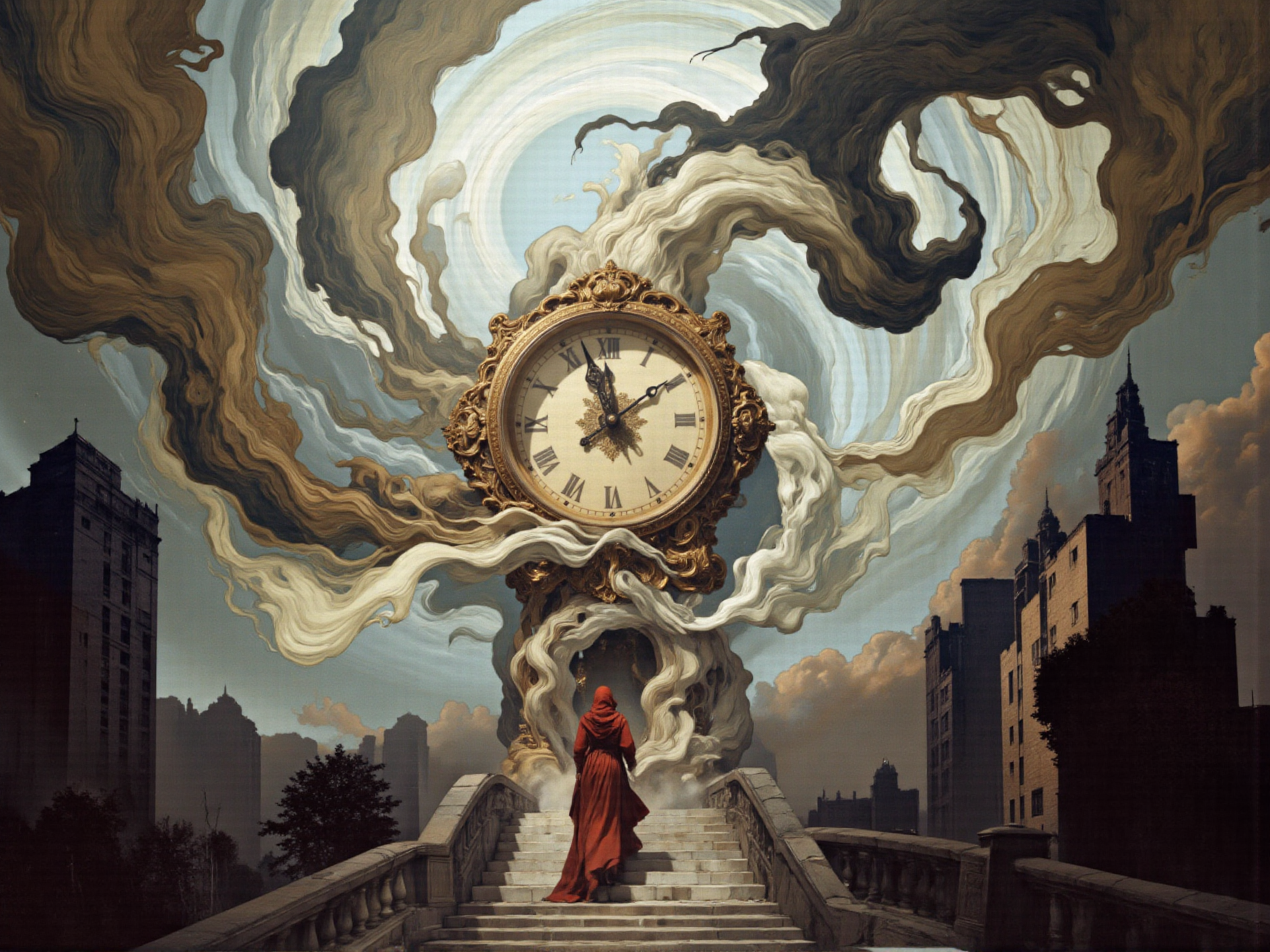 <lora:lora-DuoTone, Bleaked White_trained:0.8> DuoTone, Bleaked White,"This is a digitally created artwork in a surreal, hyperrealistic style. The central focus is a large, ornate clock with a circular face showing the time as 10:10. The clock is suspended mid-air, surrounded by a chaotic, swirling vortex of abstract, organic forms that resemble smoke or clouds. These forms are in shades of beige, brown, and gray, creating a sense of motion and turbulence. The clock itself is detailed with intricate carvings and gold accents, and its hands are frozen at the 10-minute mark.
In the foreground, a staircase spirals upward, leading to the clock. A figure, dressed in a red robe, is seen climbing the staircase, adding a sense of human presence in this otherwise fantastical scene. The figure's face is not visible, but their presence suggests a sense of urgency or determination.
The background features a cityscape with tall, dark buildings, some of which have broken windows and damaged roofs, giving a sense of decay or abandonment. The sky is a hazy blend of light and dark tones, with swirling patterns that echo the chaotic vortex around the clock. The overall mood is one of timelessness and chaos, blending elements of fantasy and urban decay.
